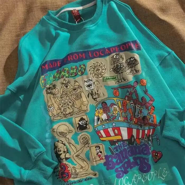 image of Vintage Streetwear Graphic Pullover Punk Style Sweatshirts in Blue, Men's (Size Large)