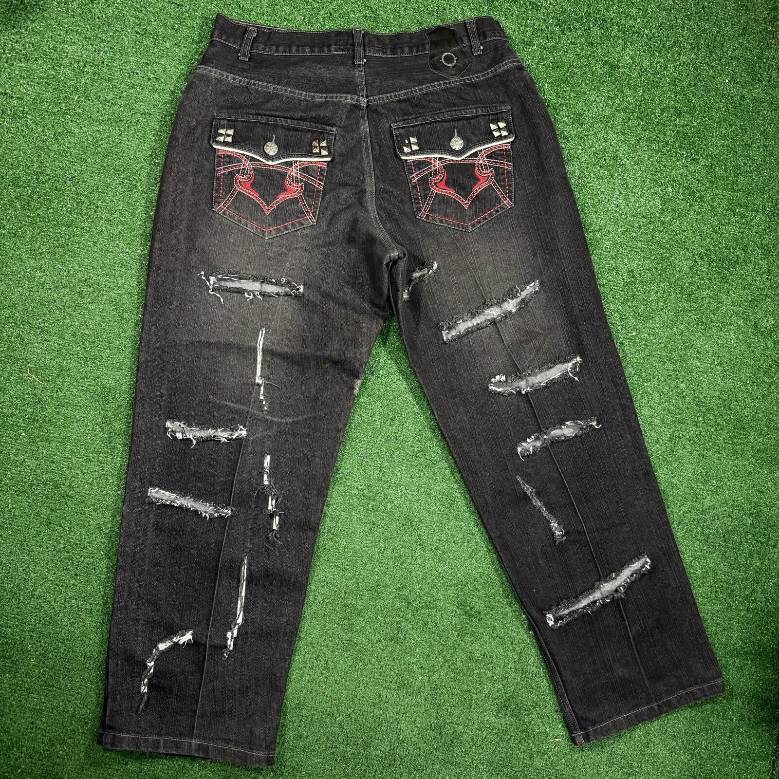 Other Y2K Red Ape Distressed Black Baggy Jeans Mens 36 Embroidered Size US 36 / EU 52 - 3 Thumbnail