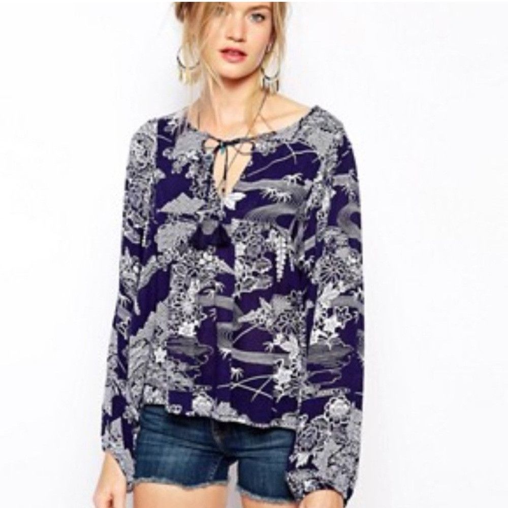 Denim & Supply Ralph Lauren Denim & Supply Ralph Lauren Blue White Floral Peasant Cotto Size L / US 10 / IT 46 - 1 Thumbnail