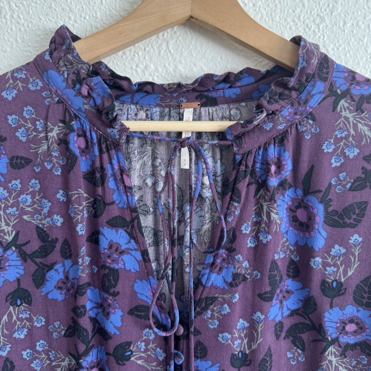 Free People FREE PEOPLE Purple Blue Boho Floral Mystery Tunic Blouse Size M / US 6-8 / IT 42-44 - 6 Thumbnail