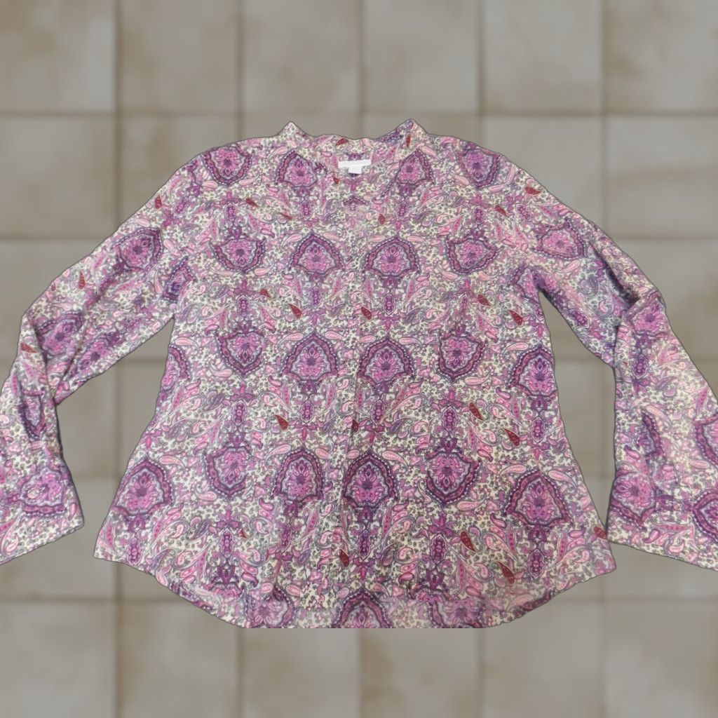 Charter Club Charter Club Blouse Womens 10 Purple Paisley Knit 100% Cotton Long Sleeve Cap Sleeve Button Round Neck Casual Regular Vintage: No Size L / US 10 / IT 46 - 1 Thumbnail