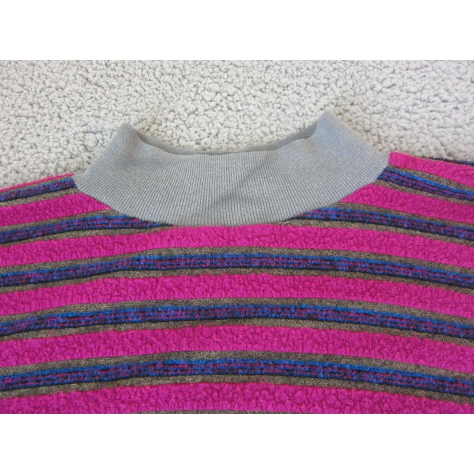 Velour VINTAGE Velour Sweater Womens L Pink Blue Striped 90s High Neck Fleece Pullover Size L / US 10 / IT 46 - 2 Thumbnail