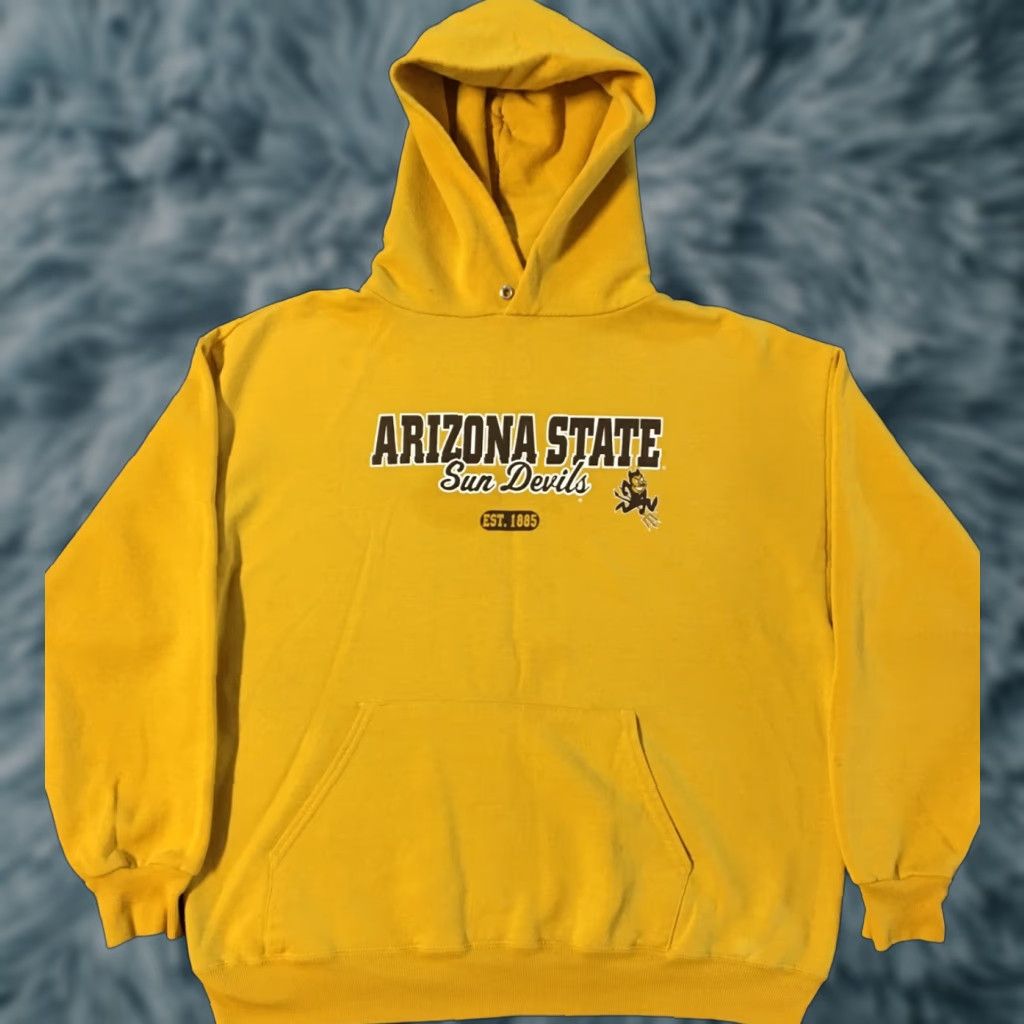 VINTAGE ASU 90s Hoodies Sweatshirt L Yellow Arizona State University Faded Spellout Hoodie Mens