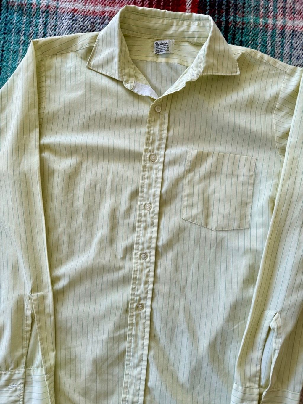 Vintage 50s Yellow/Green Stripe French Cuff Dress Shirt L Size L / US 10 / IT 46 - 2 Thumbnail