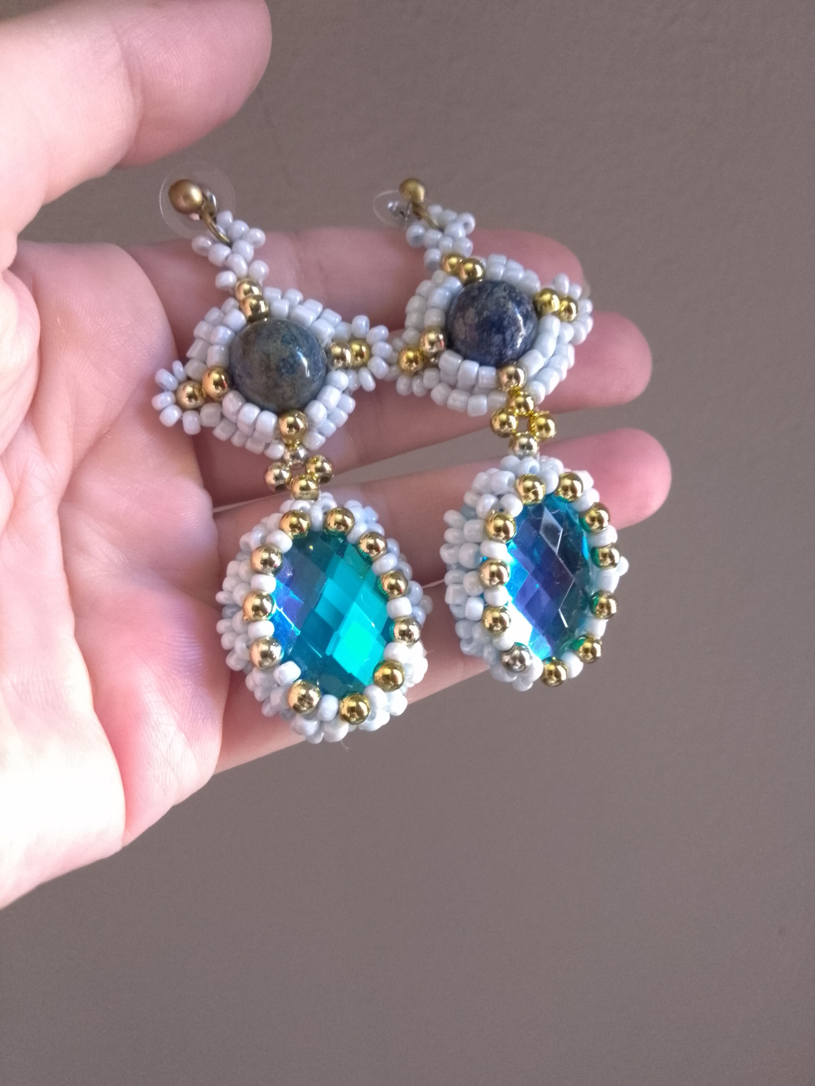 Handmade Earrings Zircon hard Lapis Lazuli gemstones Vintage style Size ONE SIZE - 5 Thumbnail