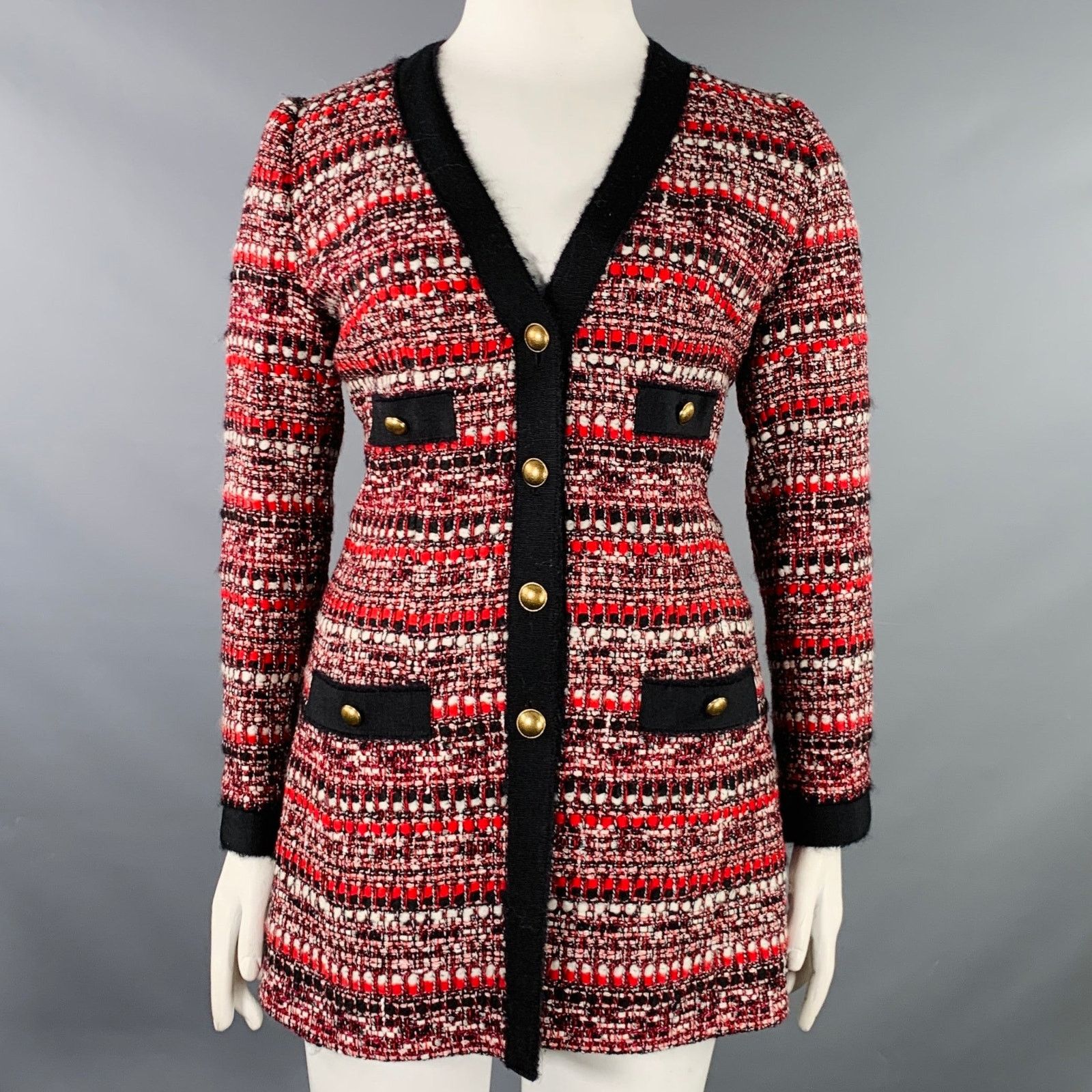 Other Black Red White Wool Blend Boucle Single Breasted Coat Size L / US 10 / IT 46 - 1 Thumbnail