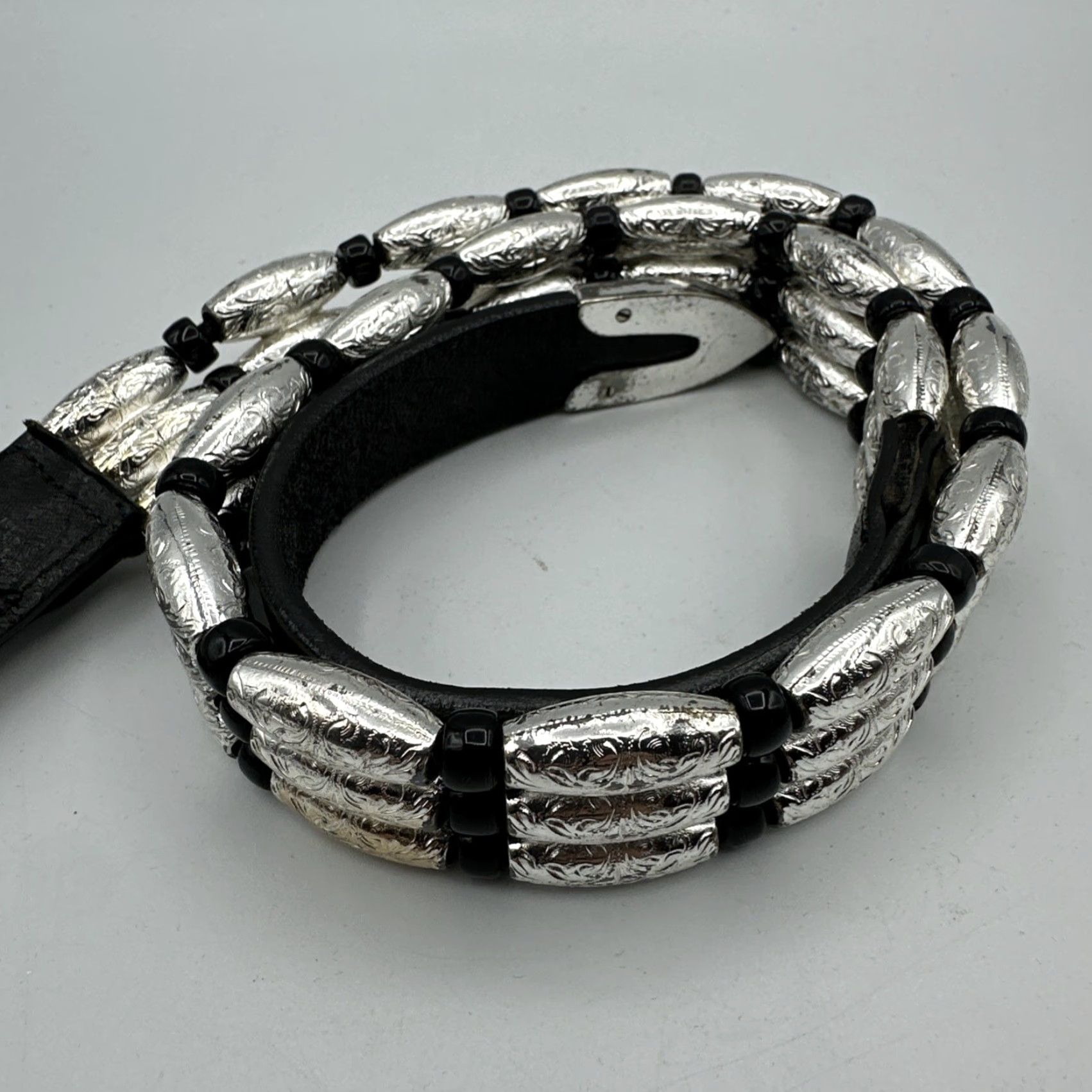 Vintage VINTAGE Nadine Belt Western Leather LACED 1990s Women Black Silver Links 30” Glam Rock Mens? (Oops) Size ONE SIZE - 5 Thumbnail