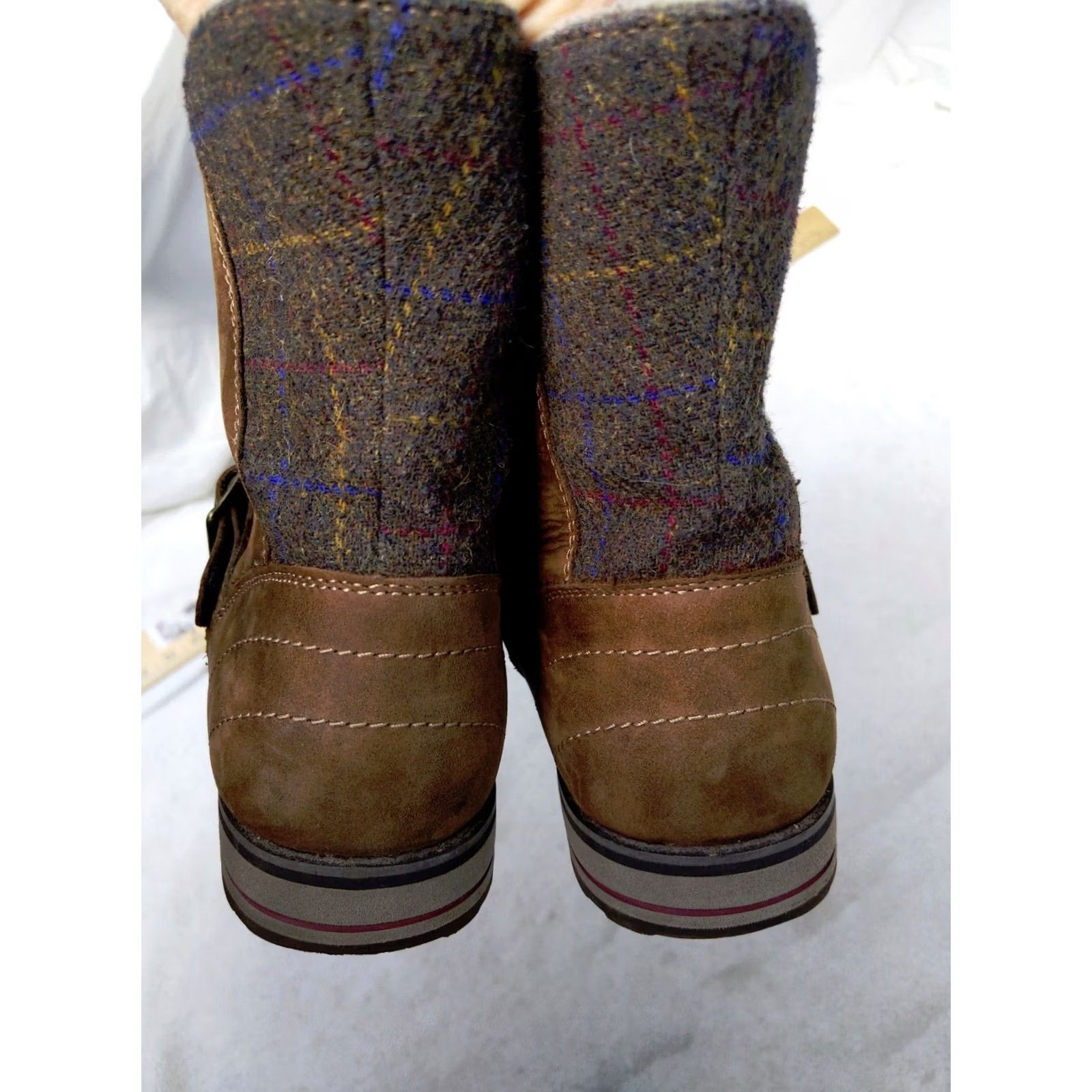 Vintage LL Bean Boots Womens 7.5 Brown Leather Tweed Plaid Ankle Buckle Zip up 501865 Size US 8 / IT 38 - 5 Thumbnail