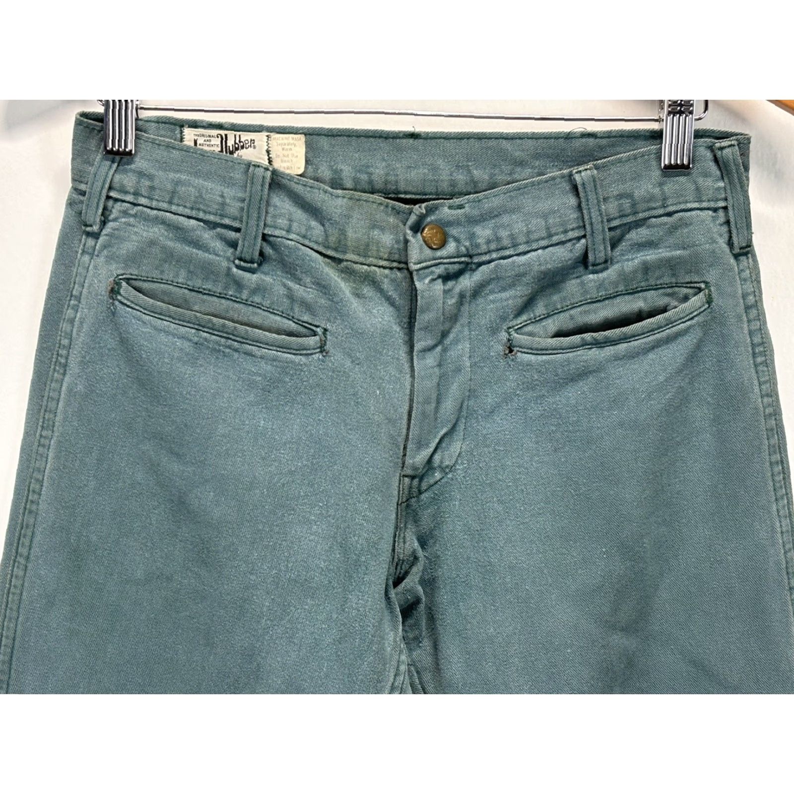 Vintage Vtg Landlubber Bell Bottom Pants Jeans Sz 28x32 Teal Distressed Destroyed USA Size 28" / US 6 / IT 42 - 2 Thumbnail