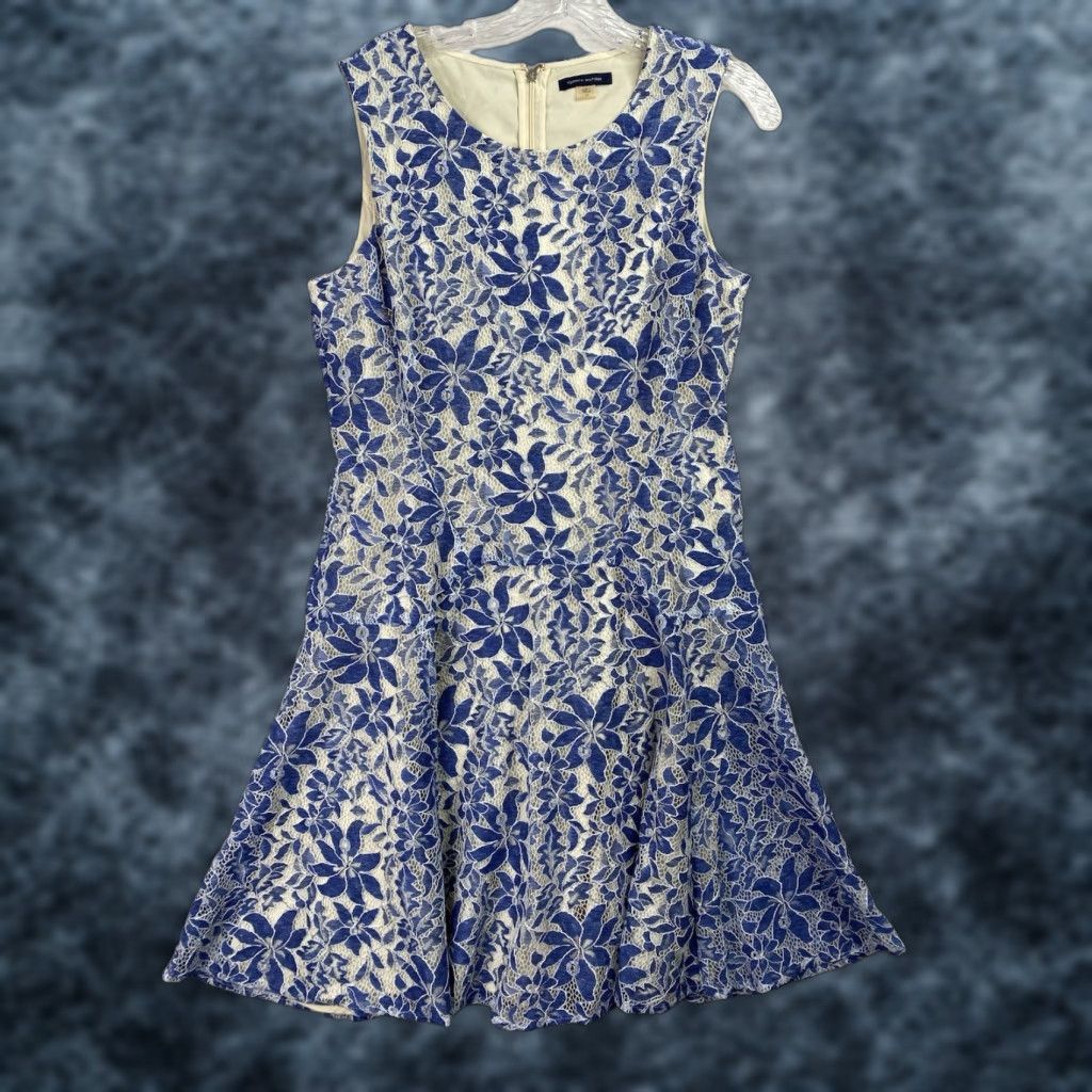 Tommy Hilfiger TOMMY HILFIGER Dress Sz 12 Blue White Embroidered Sleeveless  Lined Zip Up Boho Shirt Dress Womens 90s Floral Casual Knee Length | Grailed