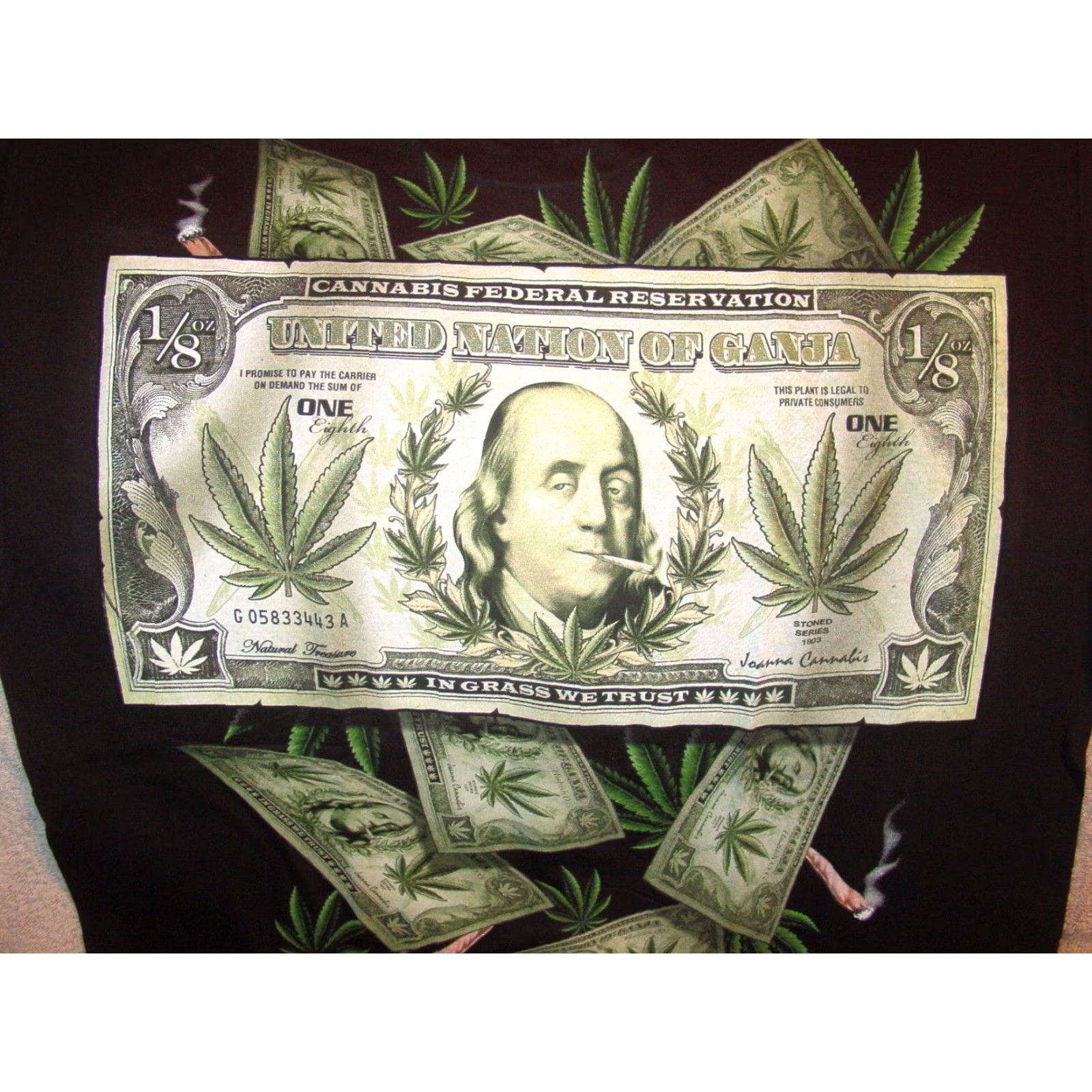 Vintage VINTAGE Benjamin Franklin Marijuana Money T-Shirt Men Black 1/8 Ounce Bill Cannabis Graphic Tee Adults Medium Size US M / EU 48-50 / 2 - 2 Thumbnail