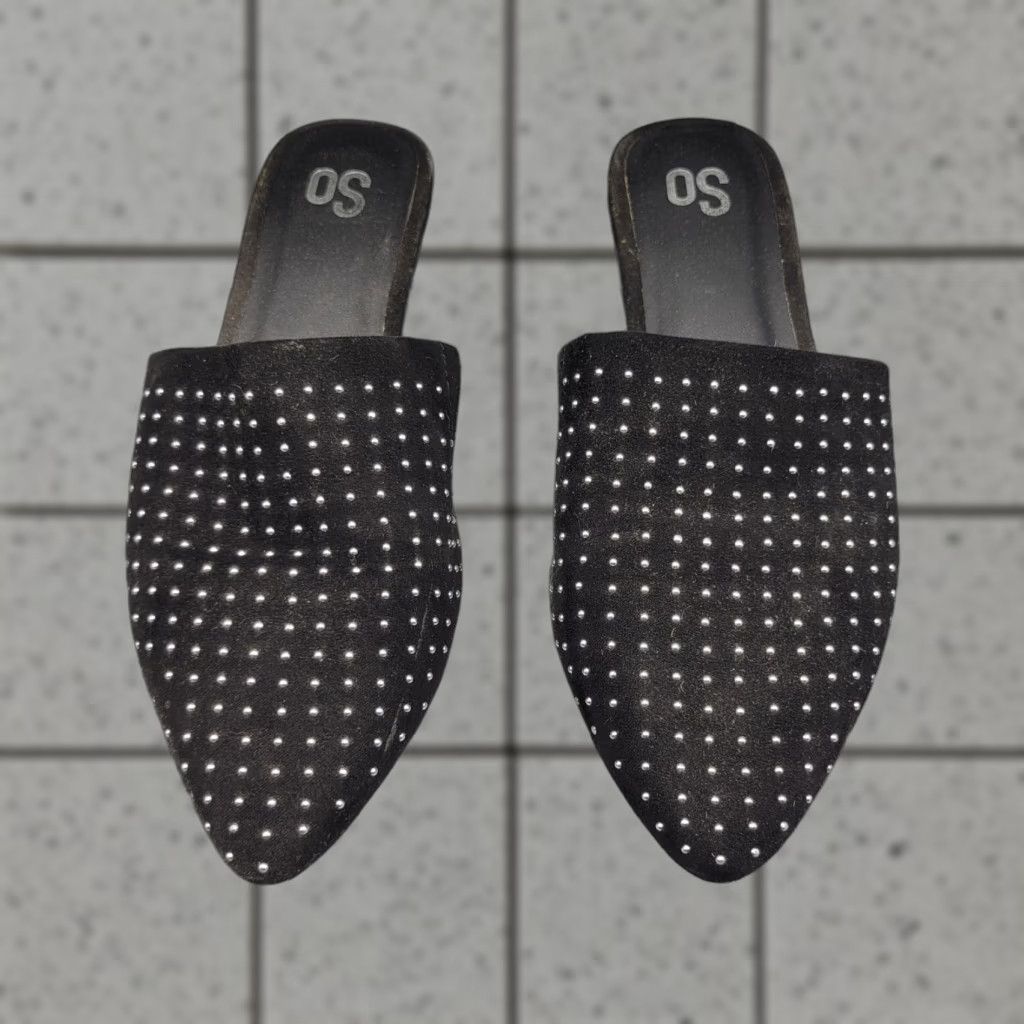 Vintage SO Black Studded Pointed Toe Flats Slide On Mules Size 7 Womens Shoes Size US 7 / IT 37 - 1 Thumbnail
