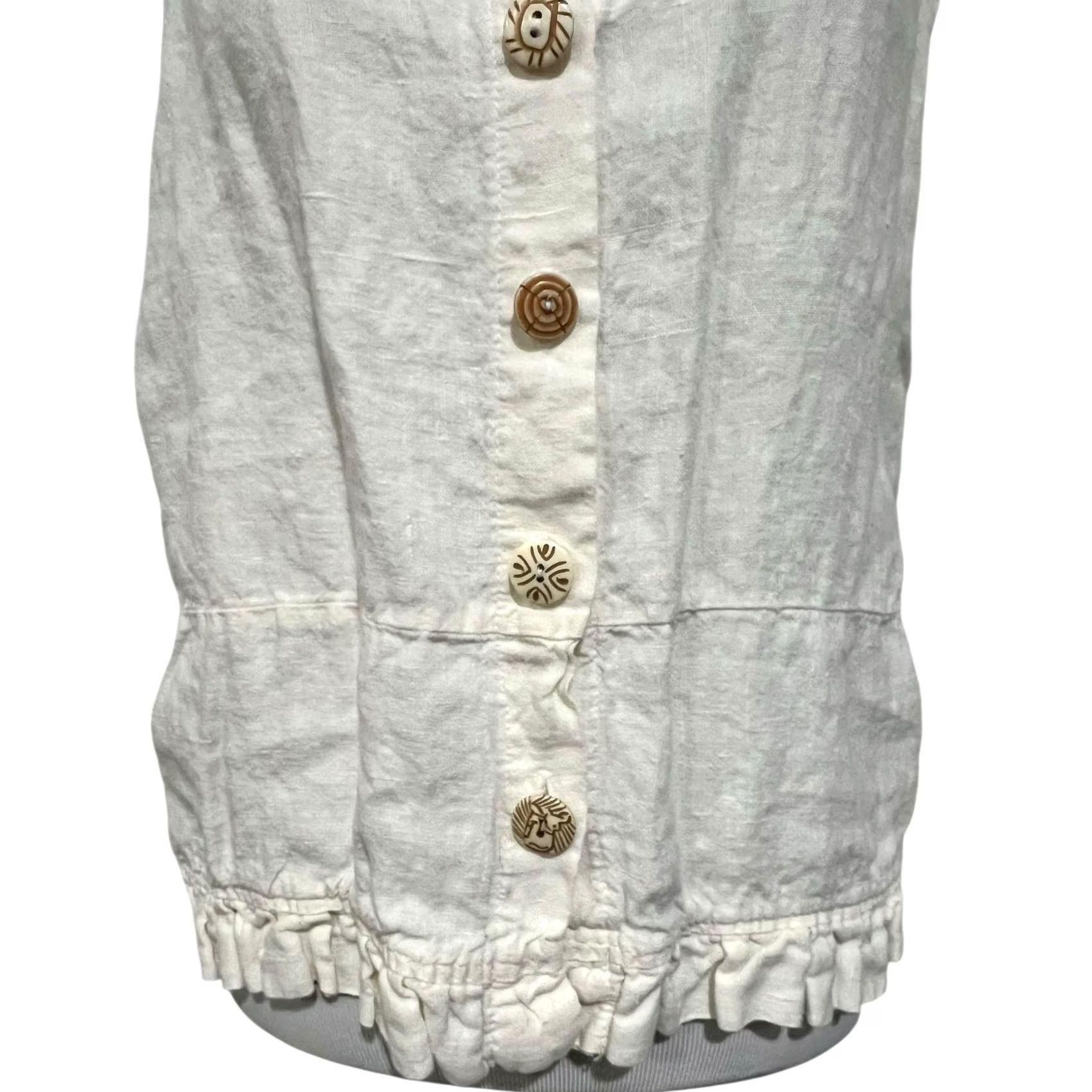 Vintage Liz & Jane Linen Vest Womens Size Small Ivory Ruffle Hem Lagenlook Vest Sleeveless V-Neck Button Blouse Mens Womens Girls Boys Size S / US 4 / IT 40 - 3 Thumbnail