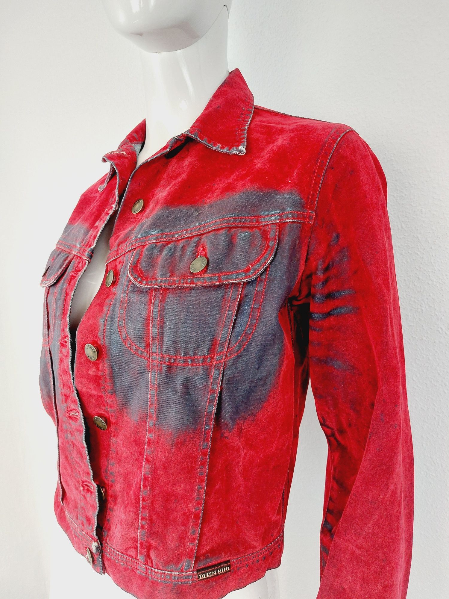 plein sud Plein Sud Red Blood Velvet Shadow Tar Denim Jacket Size M / US 6-8 / IT 42-44 - 14 Thumbnail