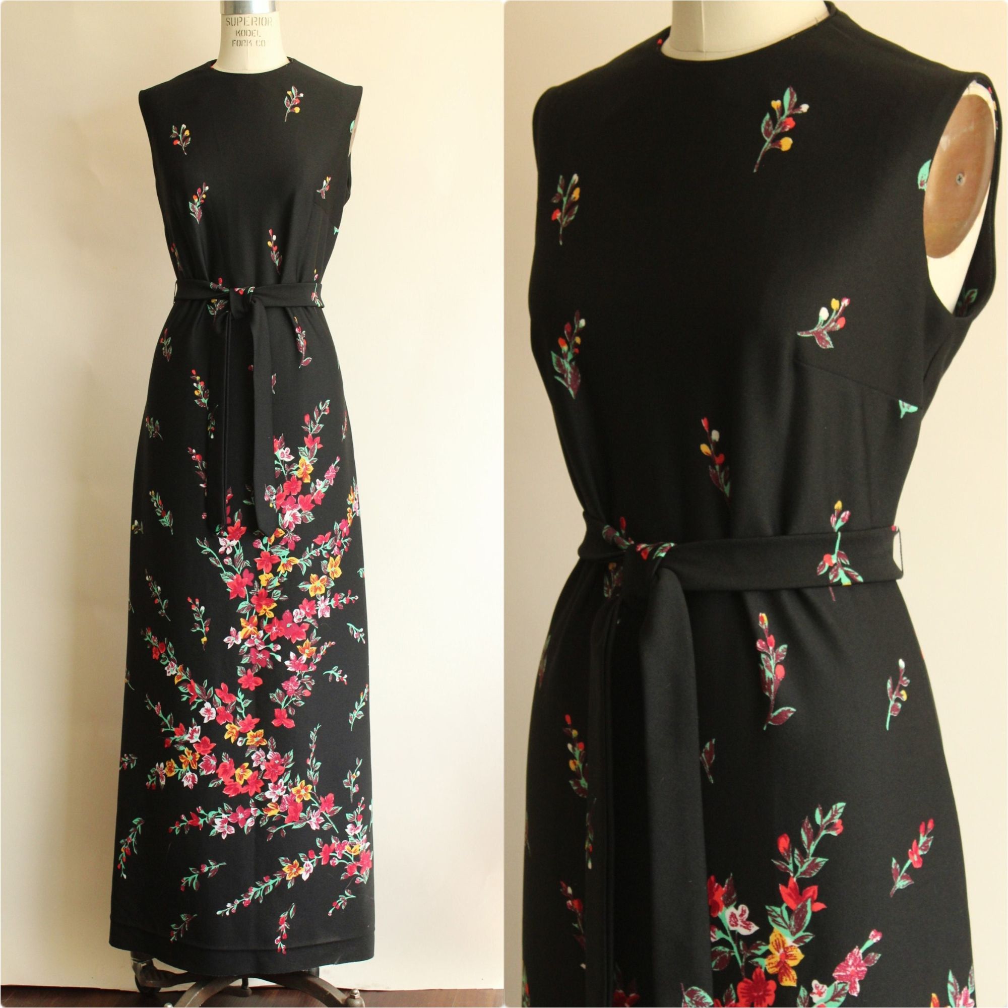 Vintage Vintage 1970s Dress, Lady Carol Black Floral Print Maxidress Size XL / US 12-14 / IT 48-50 - 1 Thumbnail