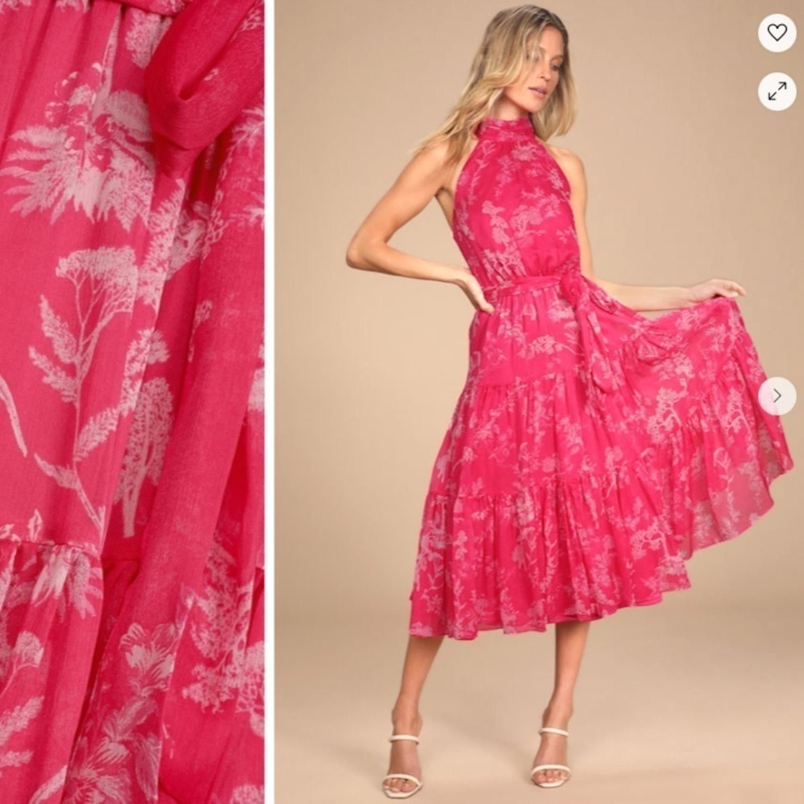 Lulus LULU's Floral Sexy Flowy Chic Halter Neck Hot Pink Midi Size S / US 4 / IT 40 - 1 Thumbnail