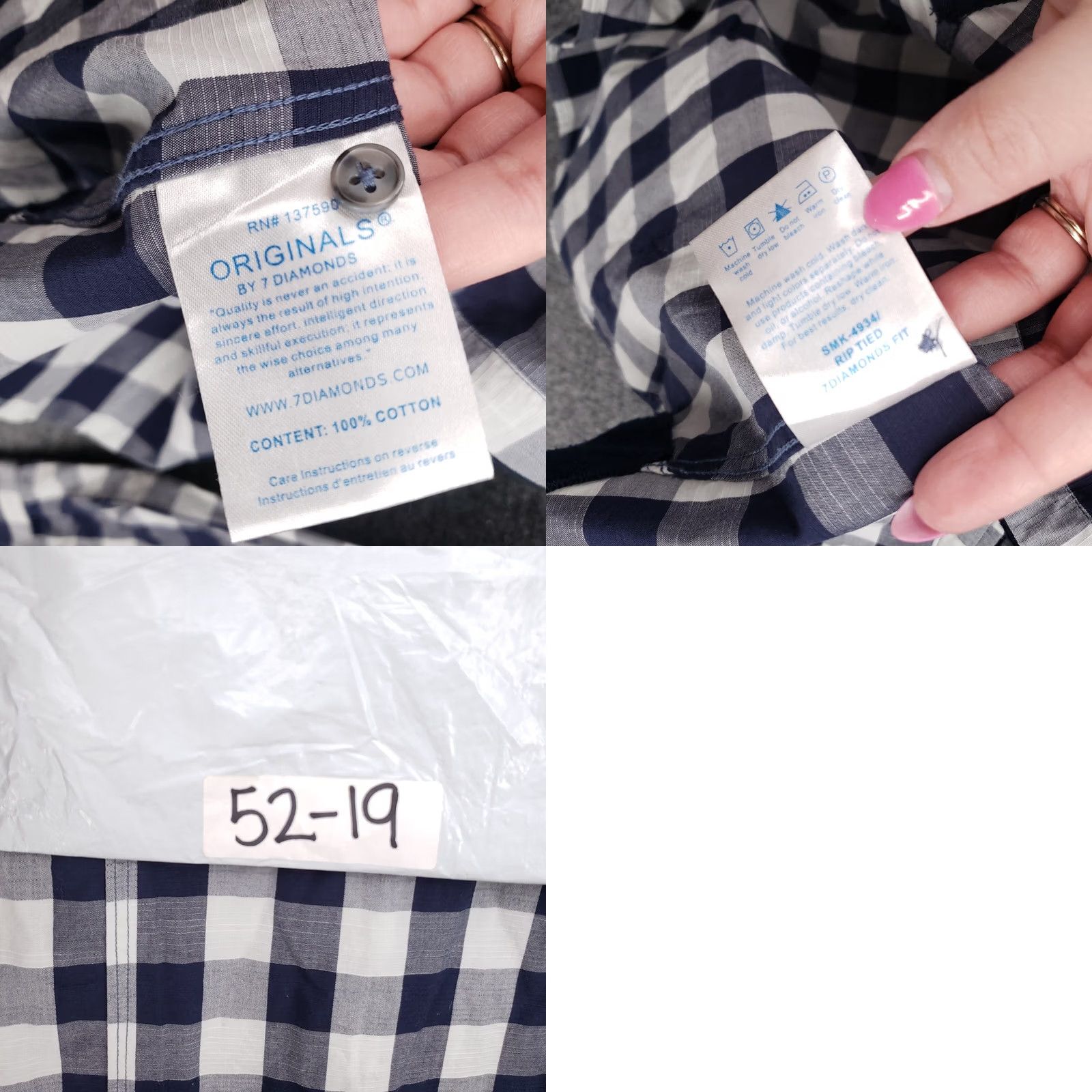 Vintage 7 Diamonds Button Up Shirt Mens Large Blue Gingham Long Sleeve Pocket Rip Tide Size US L / EU 52-54 / 3 - 8 Thumbnail