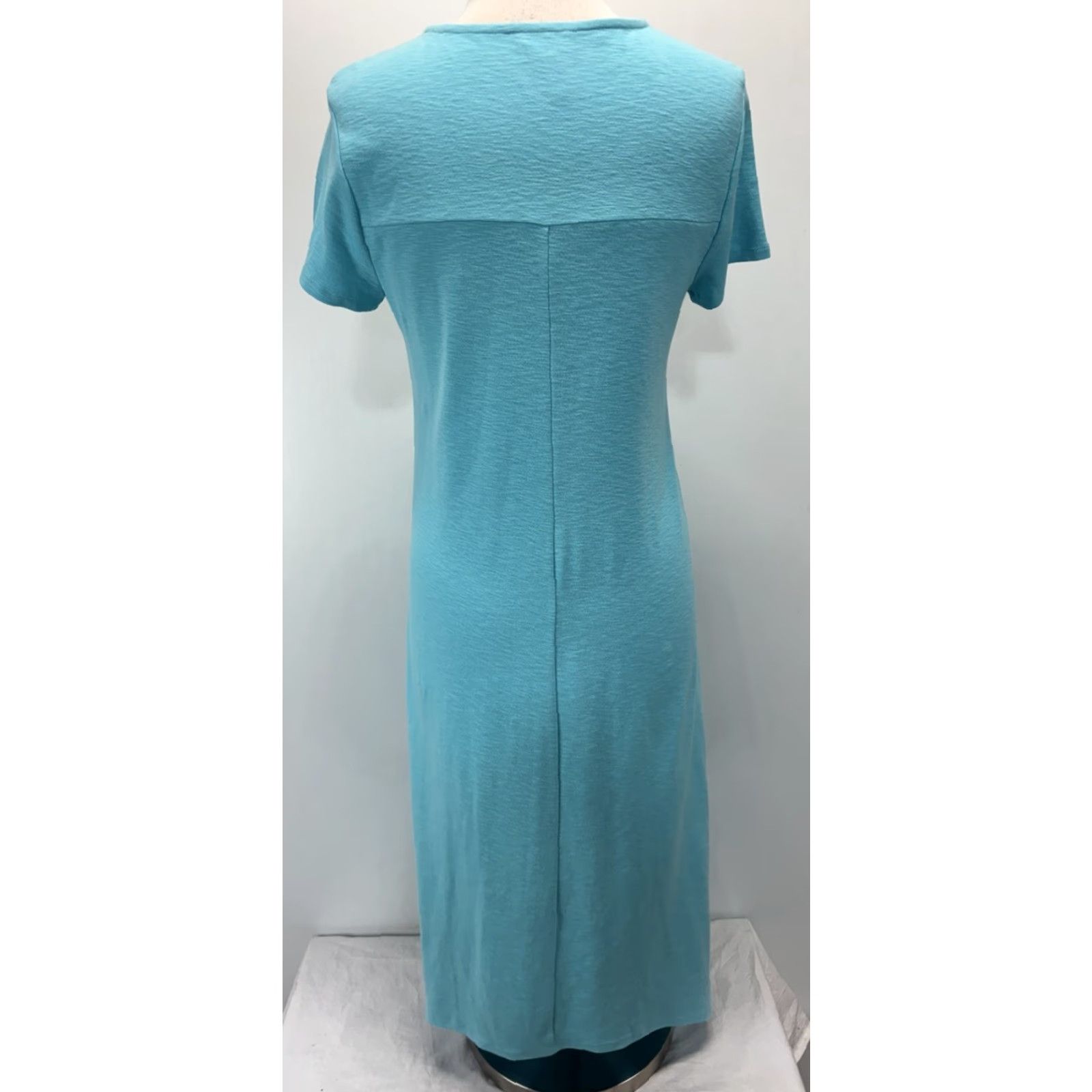 Vintage VINTAGE Chico's Women's Midi Dress Small Aqua Blue A-Line Cotton Blend Short Sleeve Stretch 90s, Pullover, Solid Size 32" / US 10 / IT 46 - 3 Thumbnail
