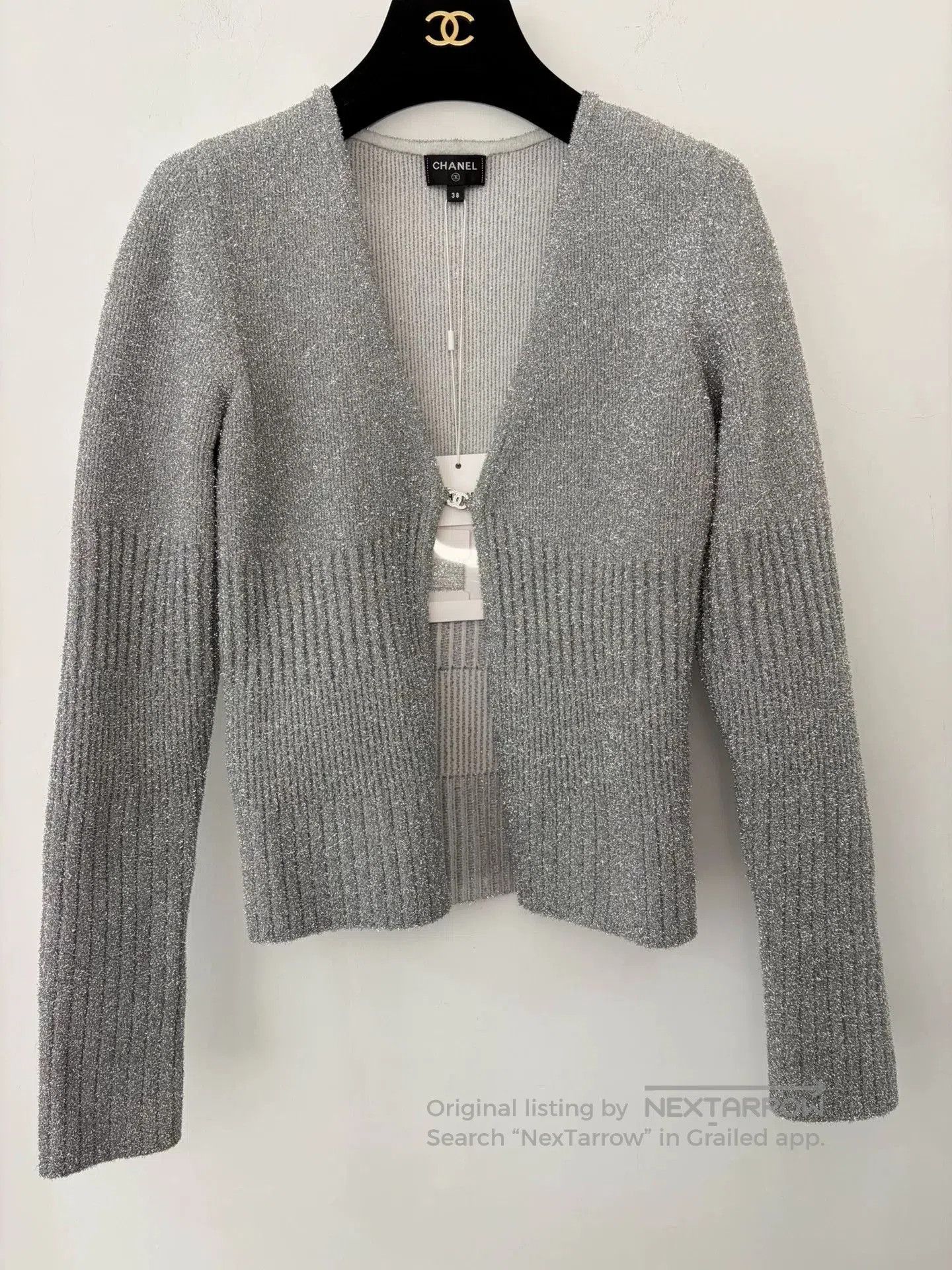 Chanel 22A Silver Knit Cardigan Coat.