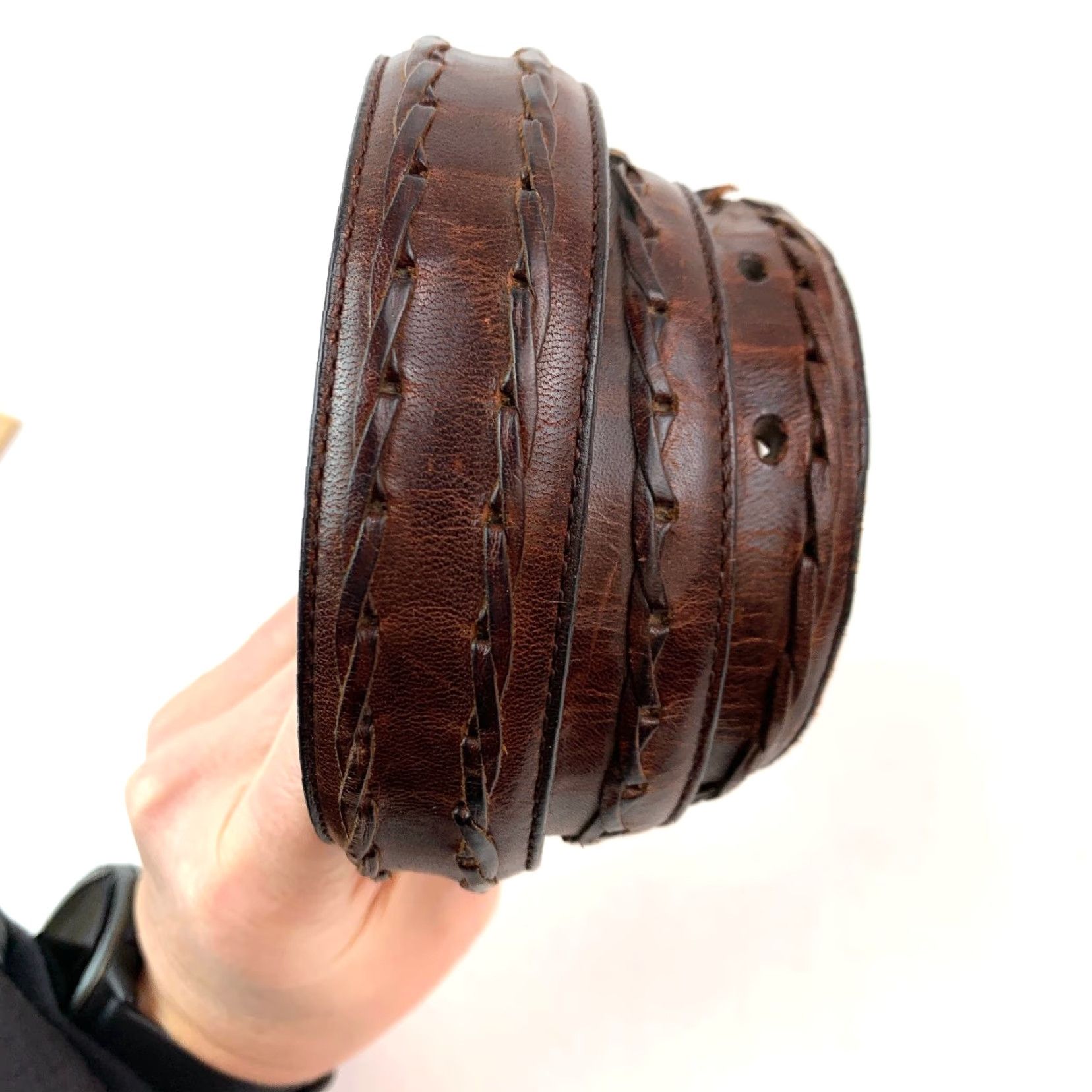 Vintage VINTAGE Dark Brown Leather Belt Men Adjustable Brass Tone Buckle Size 34 Size 34 - 4 Thumbnail