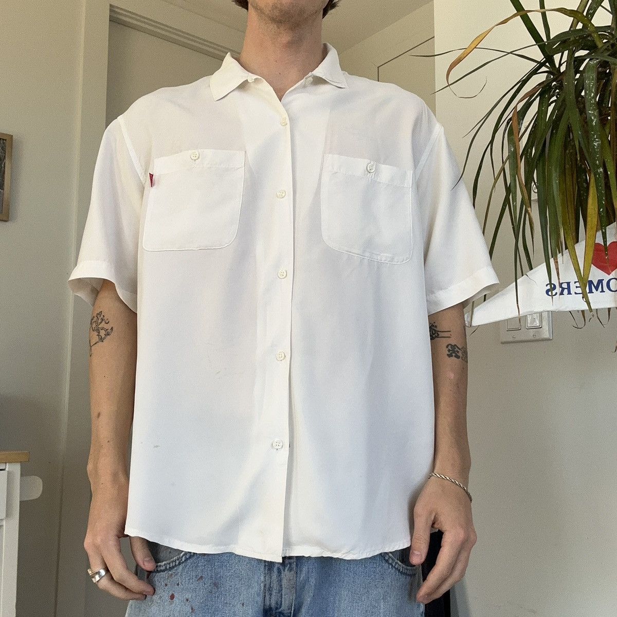 image of Ss20 Supreme White Silk Button Up Short Sleeve Work Shirt, Men's (Size Large)