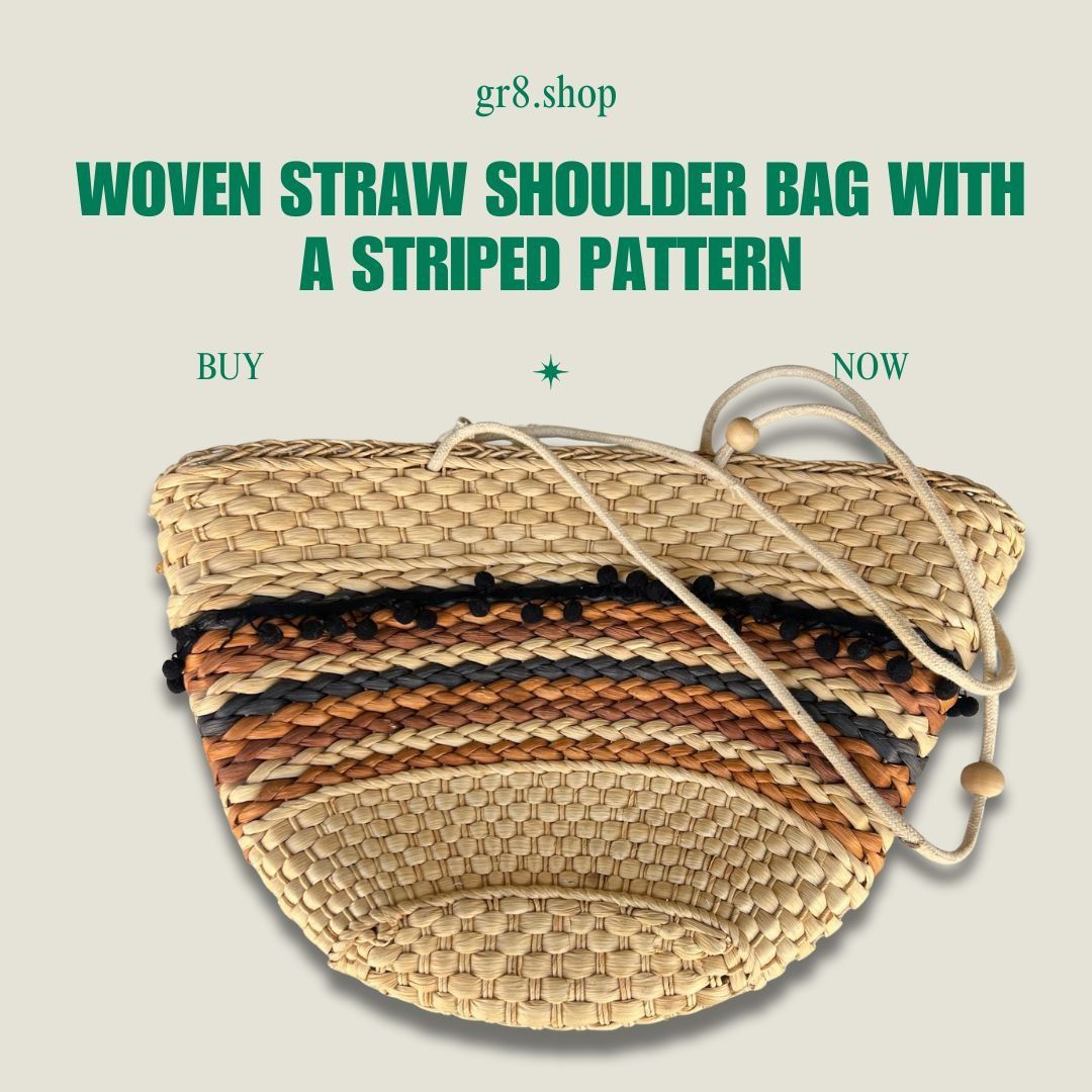Other Woven Straw Shoulder Bag With Striped Pattern & Drawstring C Size ONE SIZE - 1 Thumbnail