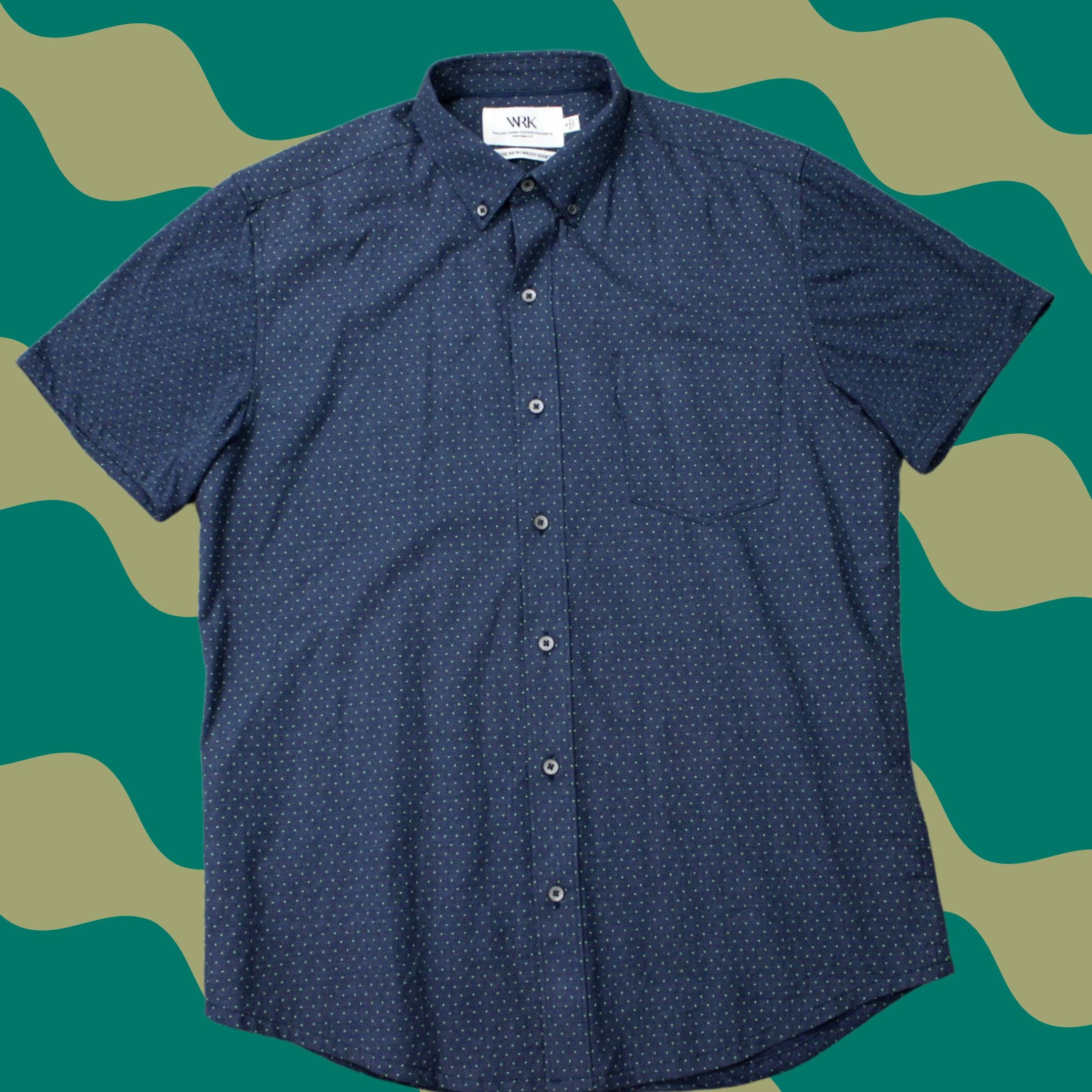 Vintage WRK The Reworked Shirt Mens Medium Blue/Green Geometric Cotton S/S Button-Up Shirt Size US M / EU 48-50 / 2 - 1 Thumbnail
