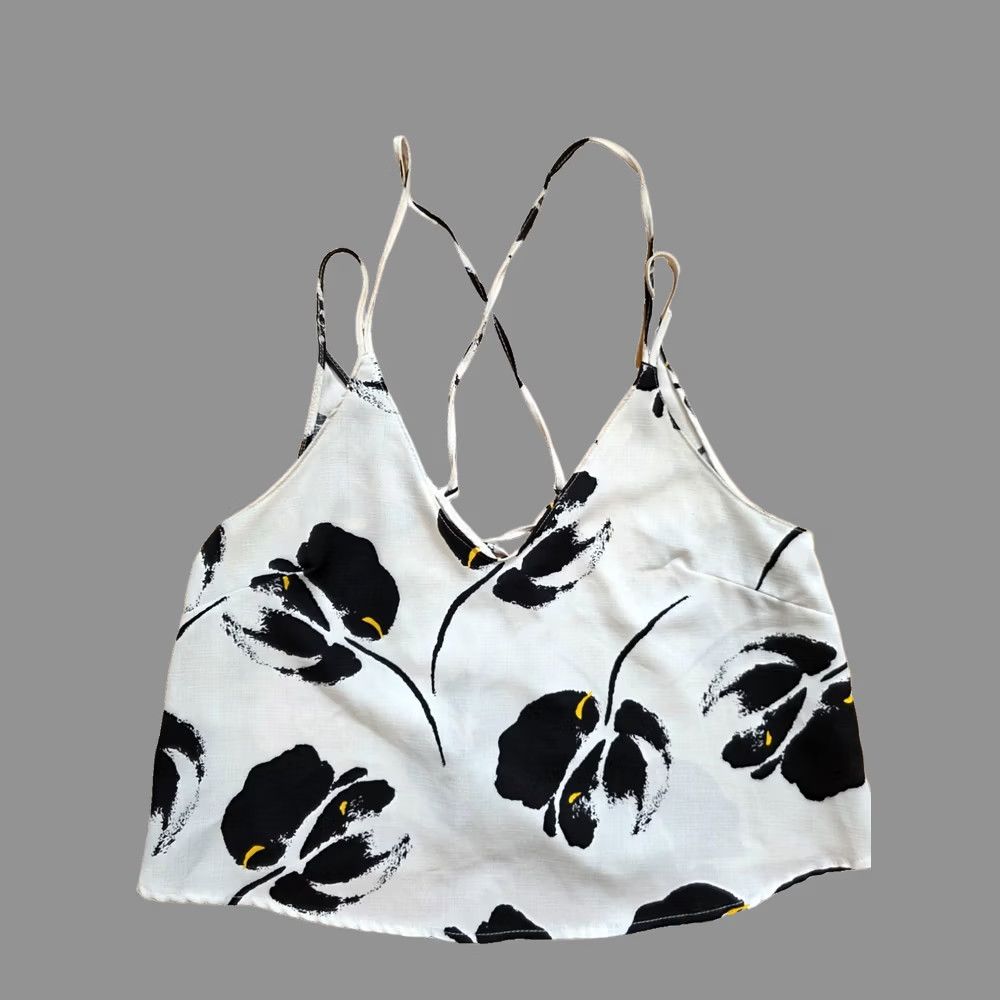 Vintage Cami Crop Top Women's OS White Black Floral Sleeveless V-Neck Crisscross Back Tank Cropped Summer Lightweight Polyester Size ONE SIZE - 1 Thumbnail