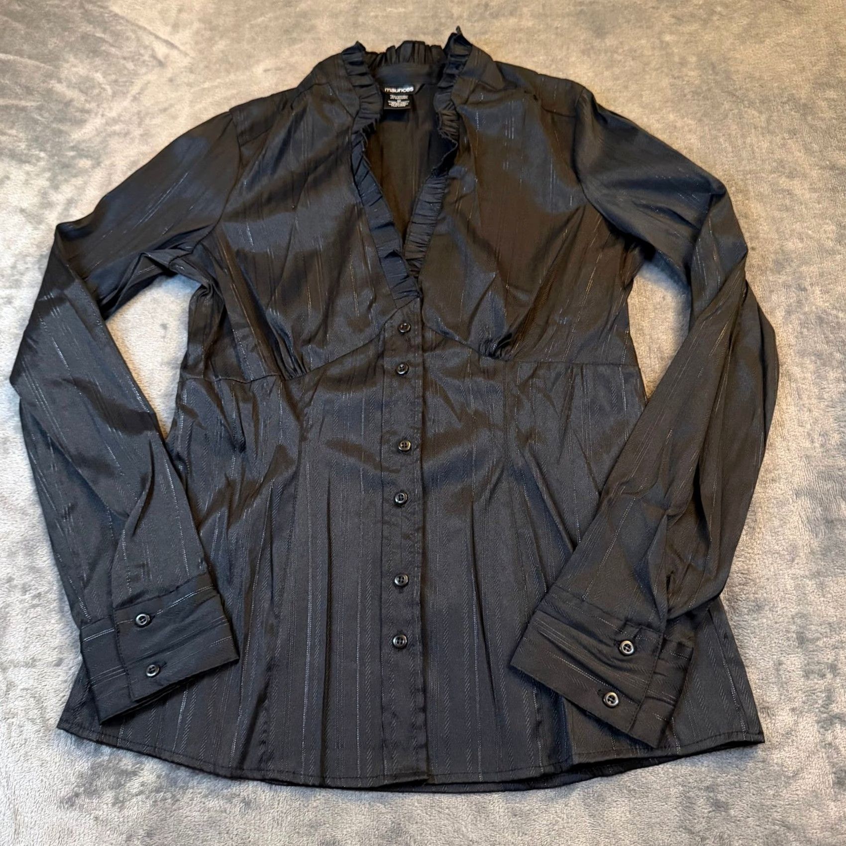Vintage Maurices Blouse Womens Medium Black Striped Ruffle Neck Button Up Long Sleeve Slim Size M / US 6-8 / IT 42-44 - 3 Thumbnail