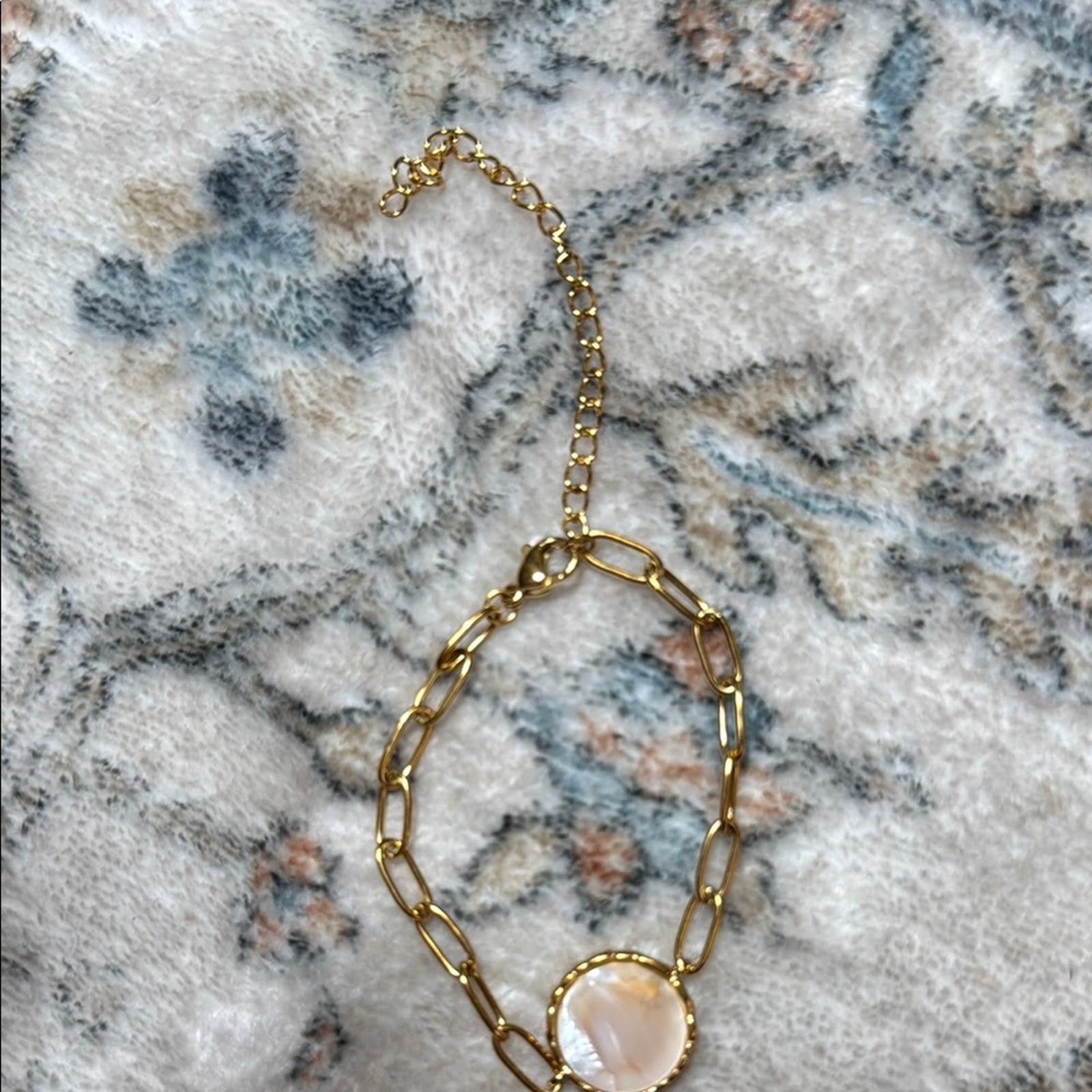 Designer Gold and Cream Minimalist Bracelet with Circular Accent Size ONE SIZE - 3 Thumbnail
