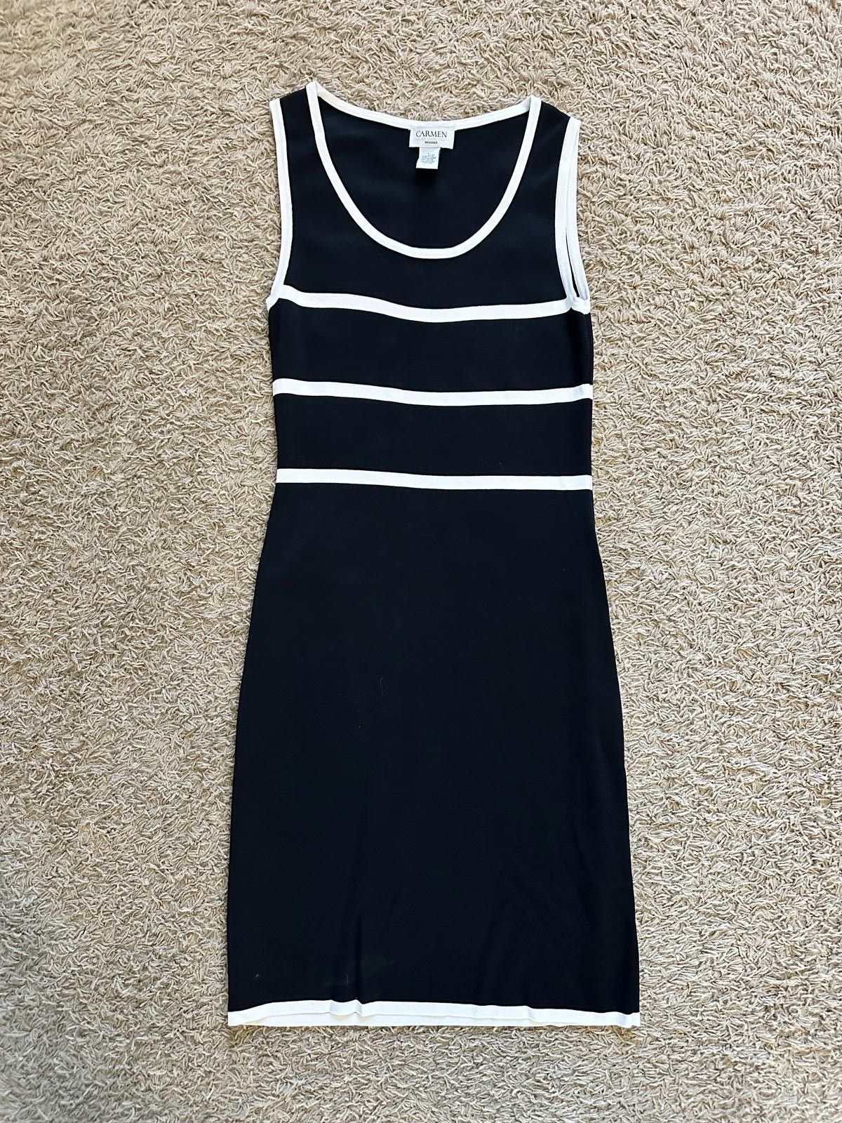 Designer Carmen Marc Valvo Women's Black and White Striped Dress Sz L Size L / US 10 / IT 46 - 1 Thumbnail