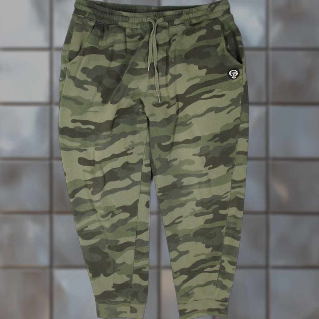 Vintage ET Surf Joggers Mens L Camouflage Cotton Blend Fleece Pockets Drawstring Elastic Waist Green Tapered Leg Army Military 26in Inseam Size US 33 - 1 Thumbnail