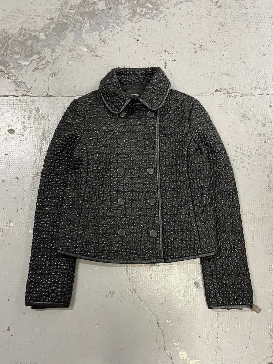 AW2015 Emporio Armani Officer Embossed Flowers Black Leather Jacket
