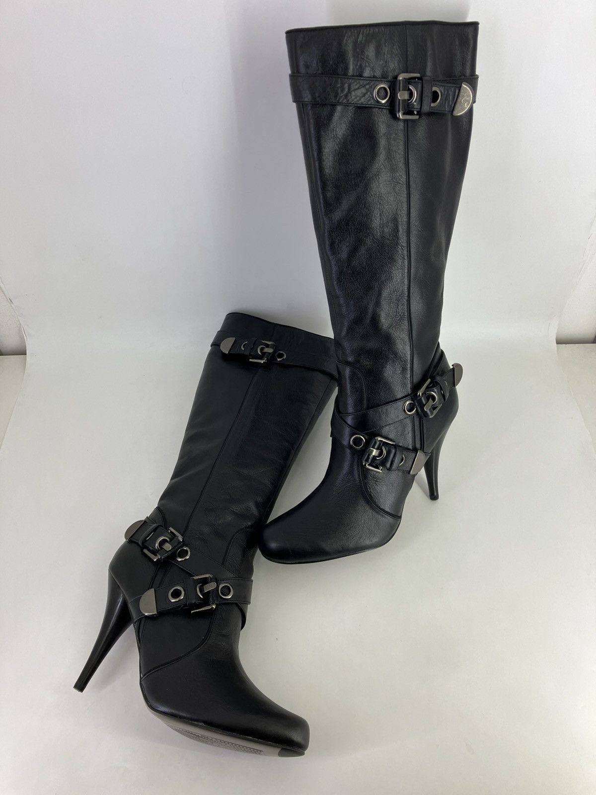 Vintage Black genuine leather 3buckles knee high boots El Dantes Y2K Size US 10 / IT 40 - 4 Thumbnail