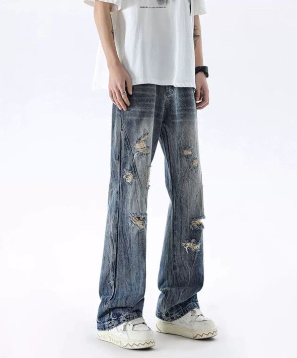 Japanese Brand Men's washed distressed straight leg ripped flared jeans Size US 32 / EU 48 - 4 Thumbnail