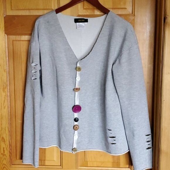 Designer Bala Bala Distressed Grey Raw Edges Unique Vneck with Accent Size XL / US 12-14 / IT 48-50 - 2 Thumbnail