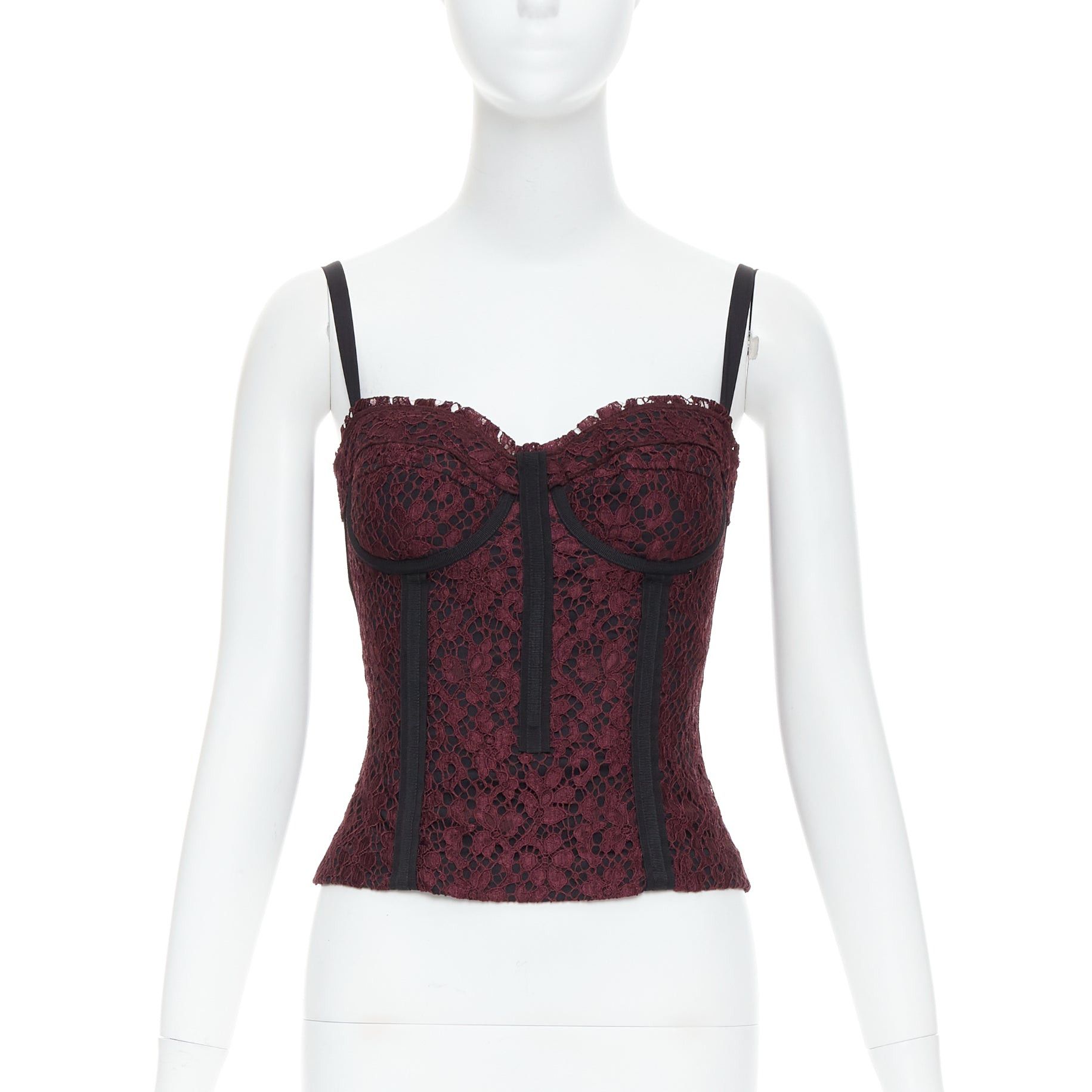DOLCE GABBANA burgundy black lace overlay hard corset bustier IT42 M