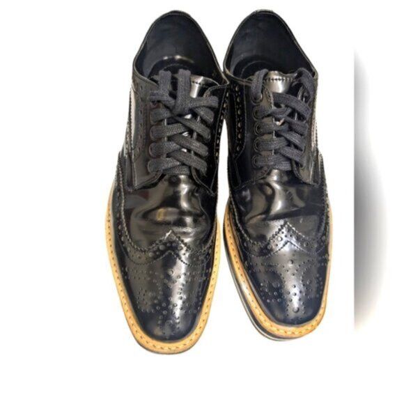 Prada Prada - Patent Leather Lace-Up Wingtip Loafers in Black Size US 7 / IT 37 - 1 Thumbnail