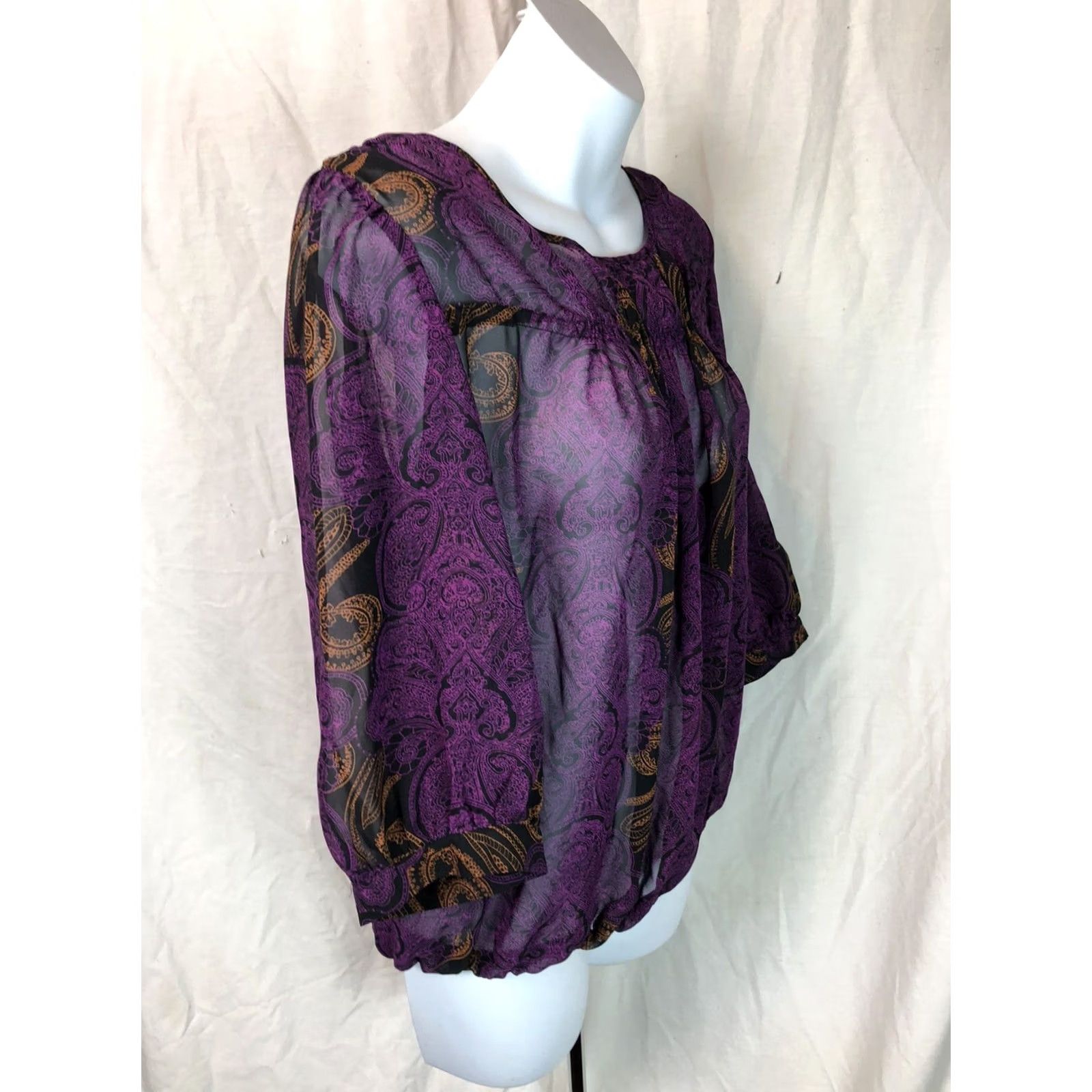 Mossimo VINTAGE Mossimo Purple/blk Geo Chiffon Blouse M 3/4 Balloon sleeves Fairy Y2K Womens Size M / US 6-8 / IT 42-44 - 2 Thumbnail