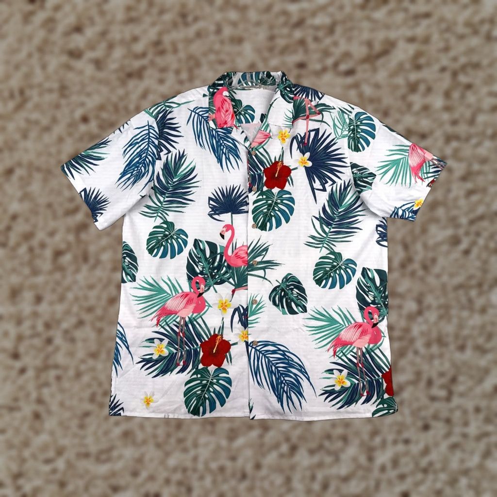 Vintage Hawaiian Shirt Unbranded Button-Up Floral White Blue Pink Flamingo Leaf Polyester XL Adult Mens Shirt Set Size US XL / EU 56 / 4 - 1 Thumbnail
