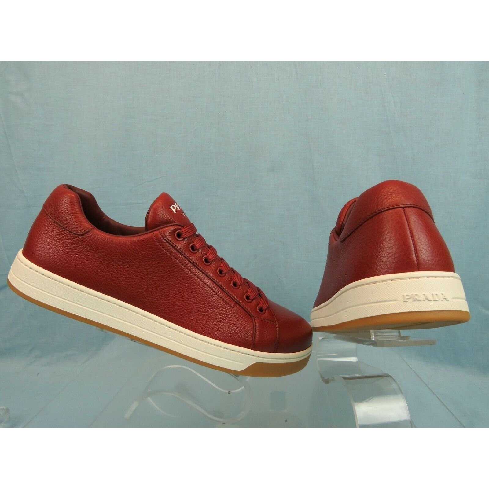 Prada 4E3507 RED TEXTURED LEATHER LOGO LOW TOP SNEAKERS 7.5 Size US 8.5 / EU 41-42 - 3 Thumbnail
