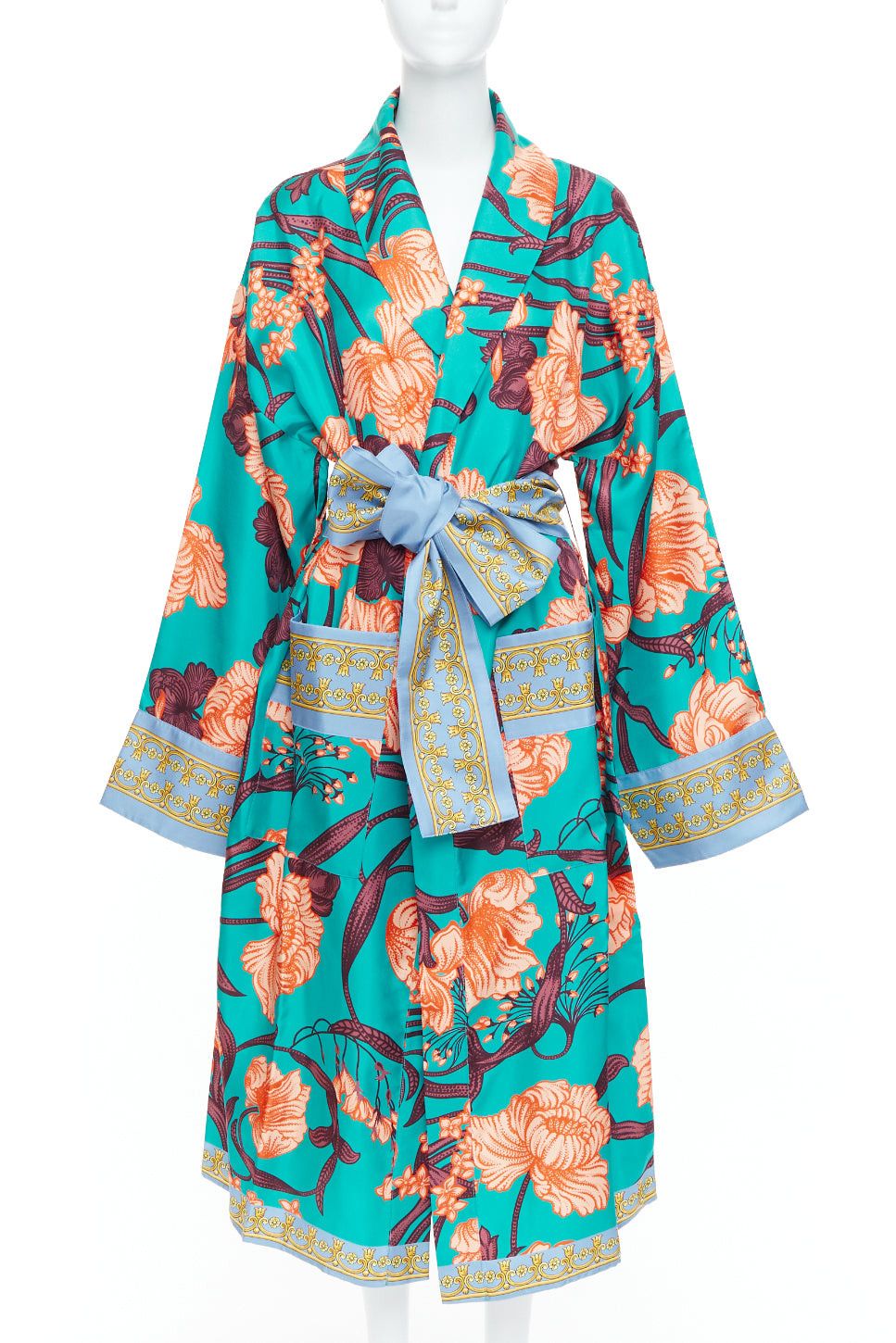 Versace VERSACE 100% silk Baroque Art Deco green orange floral Medusa print robe gown L Size L / US 10 / IT 46 - 1 Thumbnail