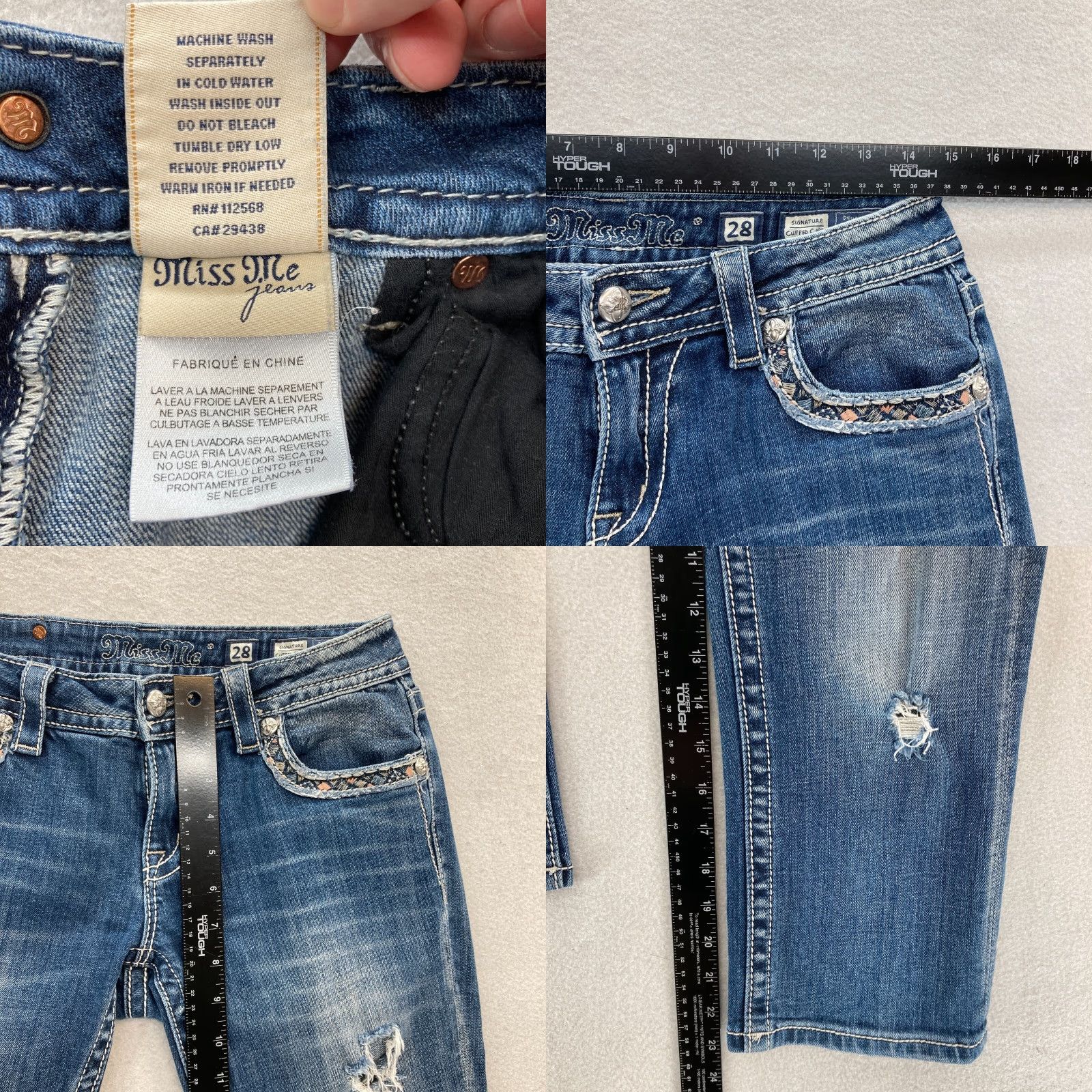 Miss Me Miss Me Cuffed Capri Jeans Women's 28 Blue Stretch Denim Embroidered Studded Capris Slim 5-Pocket Distressed Western Cowboy Rock Size 28" / US 6 / IT 42 - 8 Thumbnail