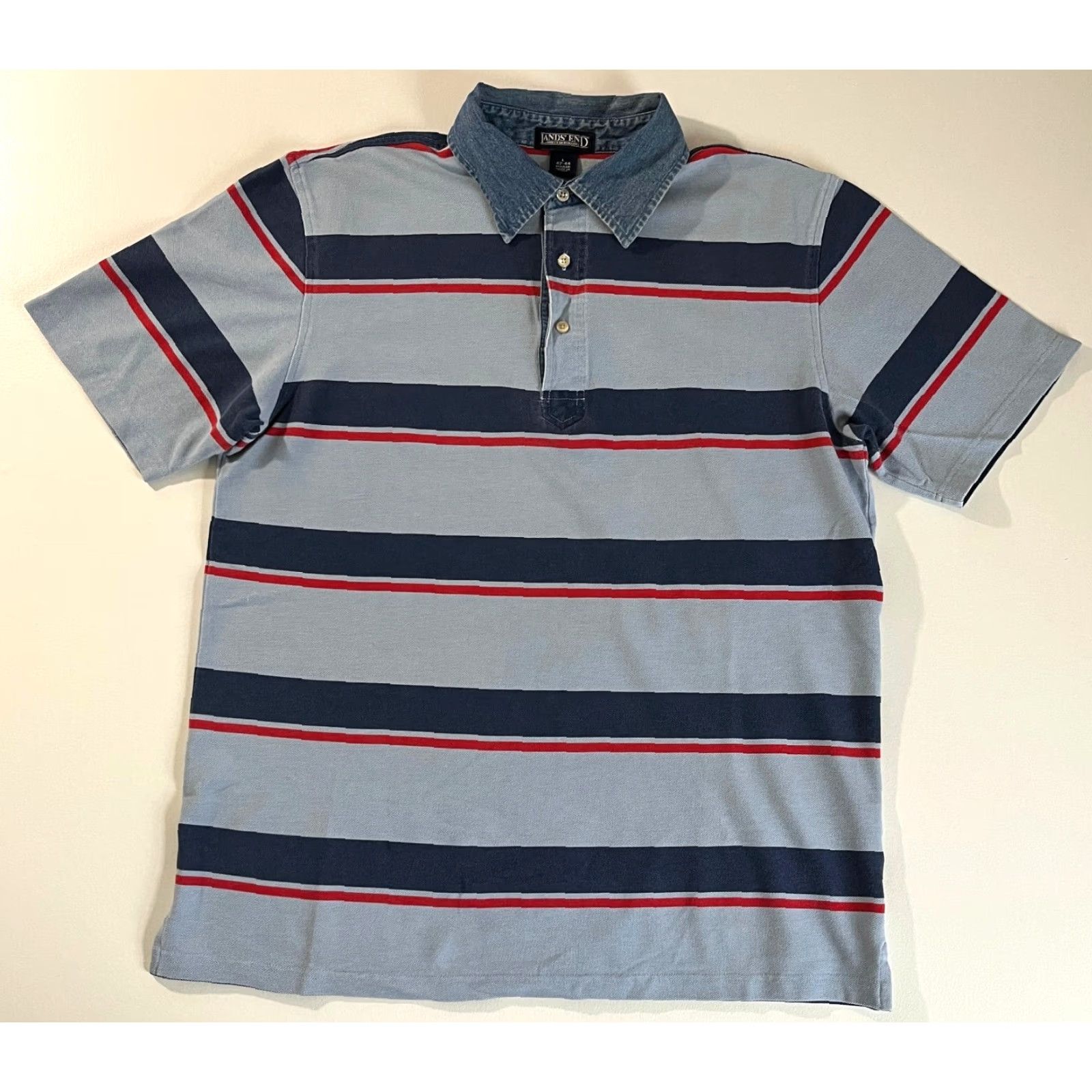 Lands' End Lands' End Polo Shirt Striped Denim Collar Sz L Men’s Short Sleeve Cotton Multicolor Polo Mens Size US L / EU 52-54 / 3 - 2 Thumbnail