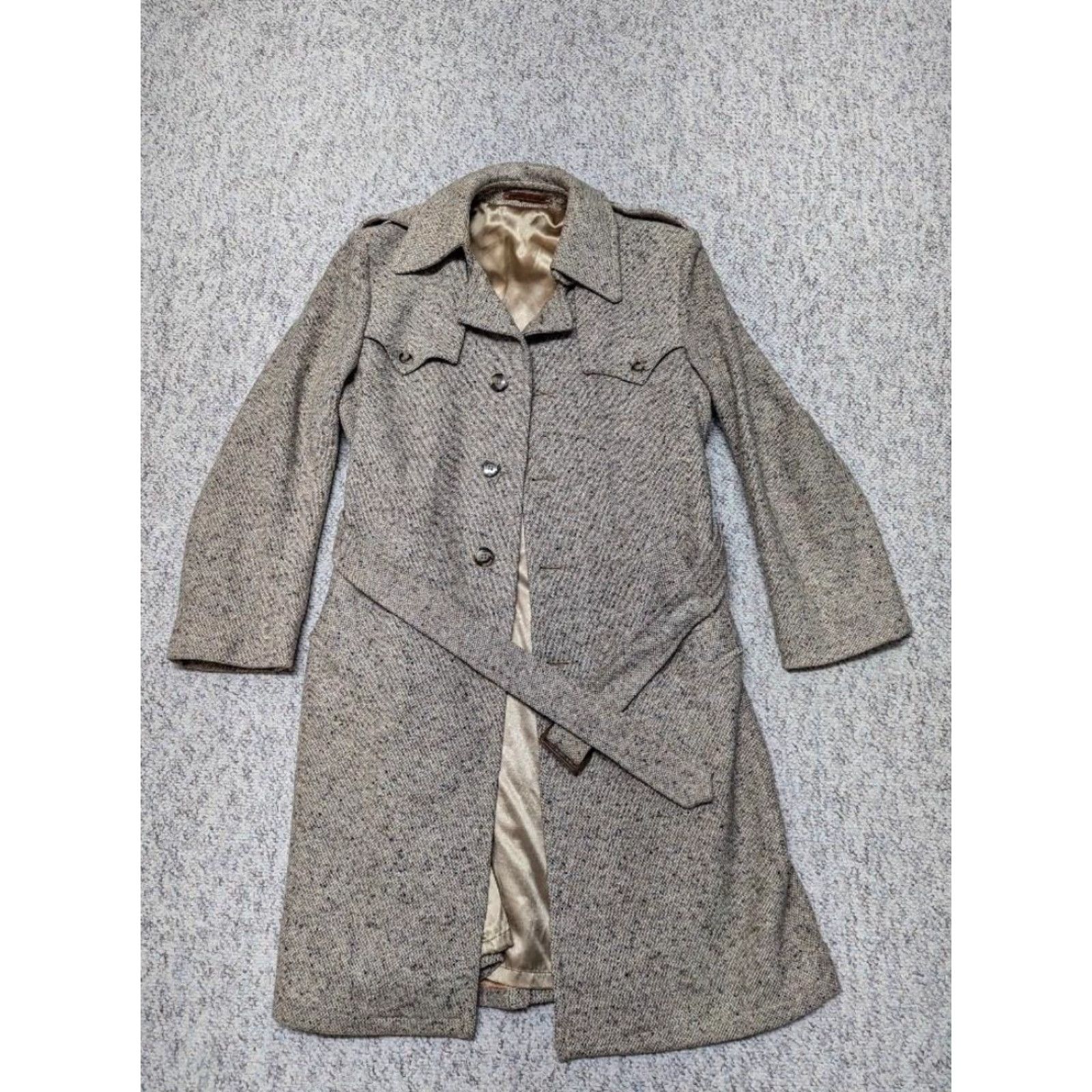 Vintage VINTAGE Robert Lewis Overcoat Jacket Belted Tweed Wool 38 Tan Brown Fleck Long Tall Men Chest 38 Suit Coat Mens Size 36R - 4 Thumbnail