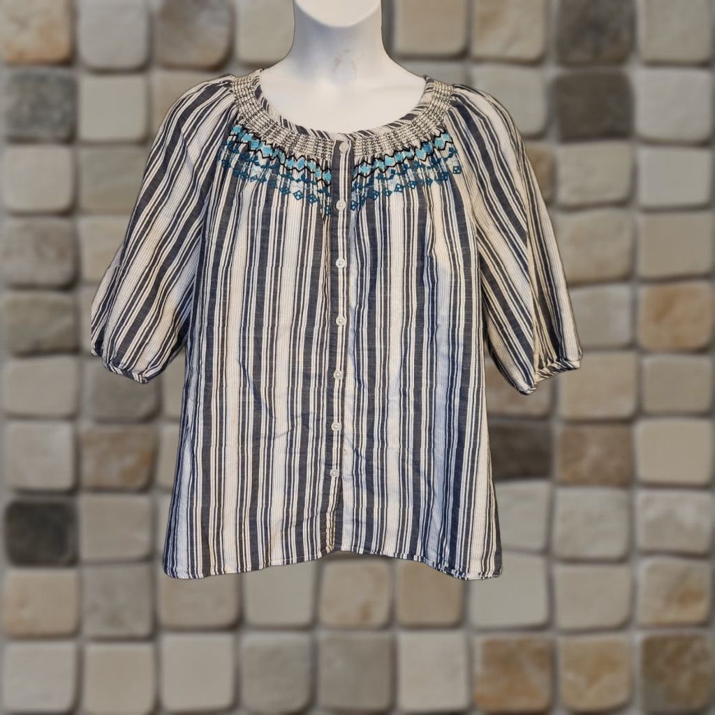 Vintage Catherines Blue White Stripe Embroidered Trim Balloon Sleeve Top Hippie Boho 0X Size XL / US 12-14 / IT 48-50 - 1 Thumbnail