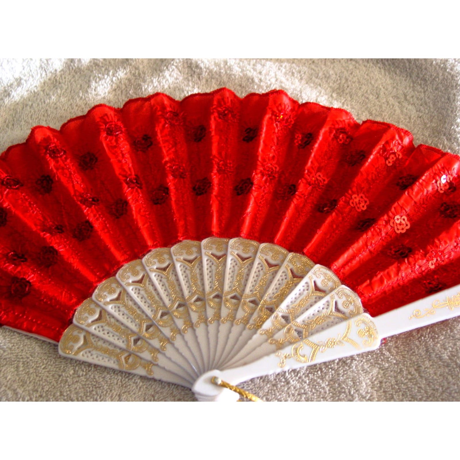 Vintage SMALL HAND FAN with FLOWER SEQUINS - RED - 16 INCHES - Decorative Accessory Size ONE SIZE - 2 Thumbnail