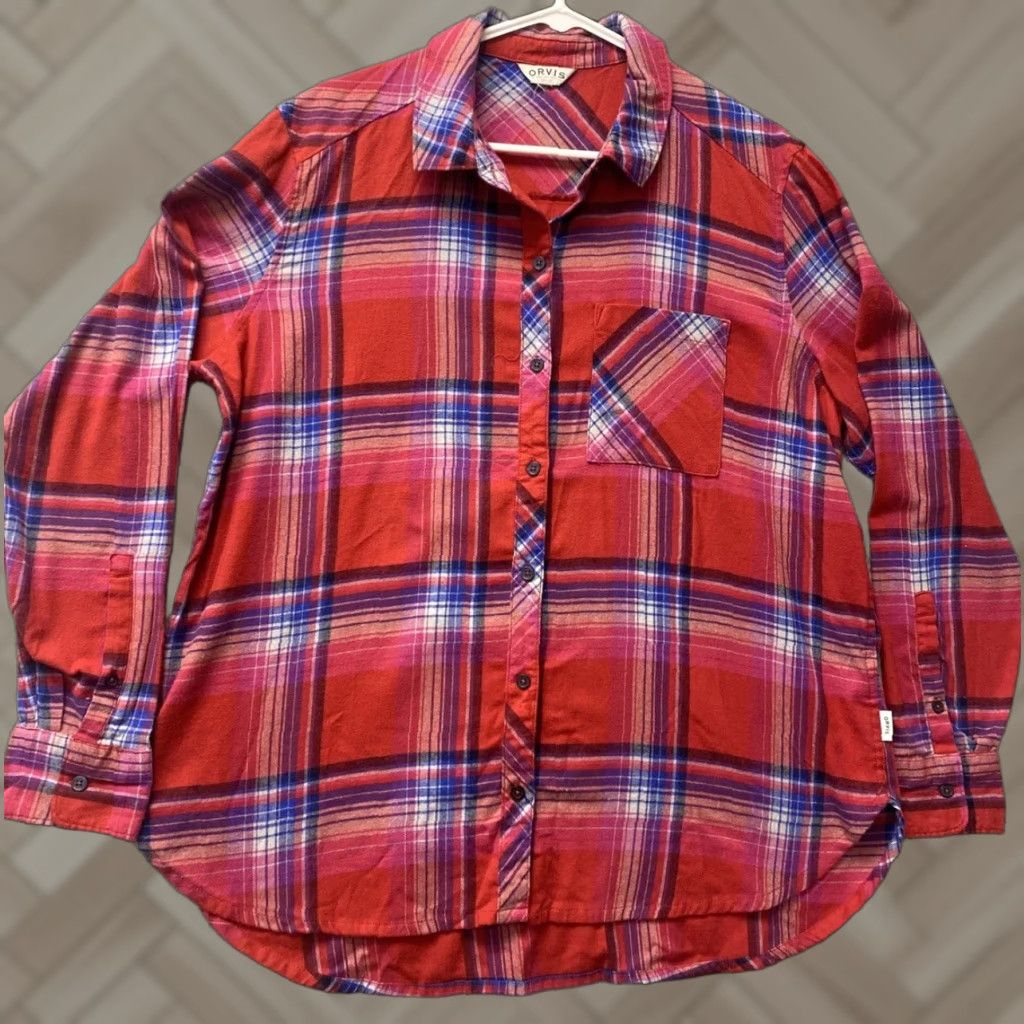 Orvis Orvis Shirt Womens L Red Purple White Plaid Button Up Outdoors Ladies 102-16 Red Button Collared Casual All Seasons Pockets Cotton Polyester Spandex Size L / US 10 / IT 46 - 1 Thumbnail