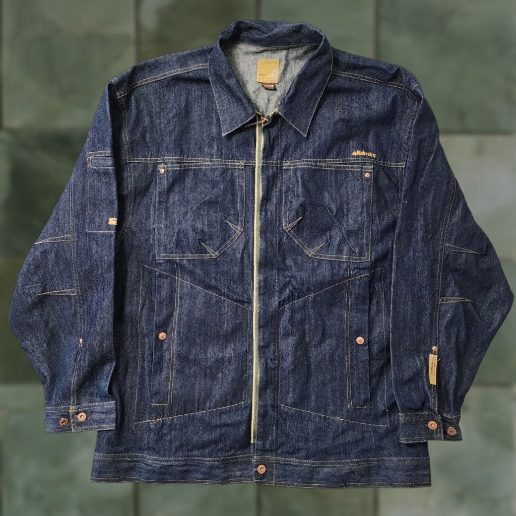 VINTAGE Akademiks Denim Jacket Mens 2XL Blue Hip Hop Military Style 90s Jacket Mens Blue Denim Hip Hop 90s