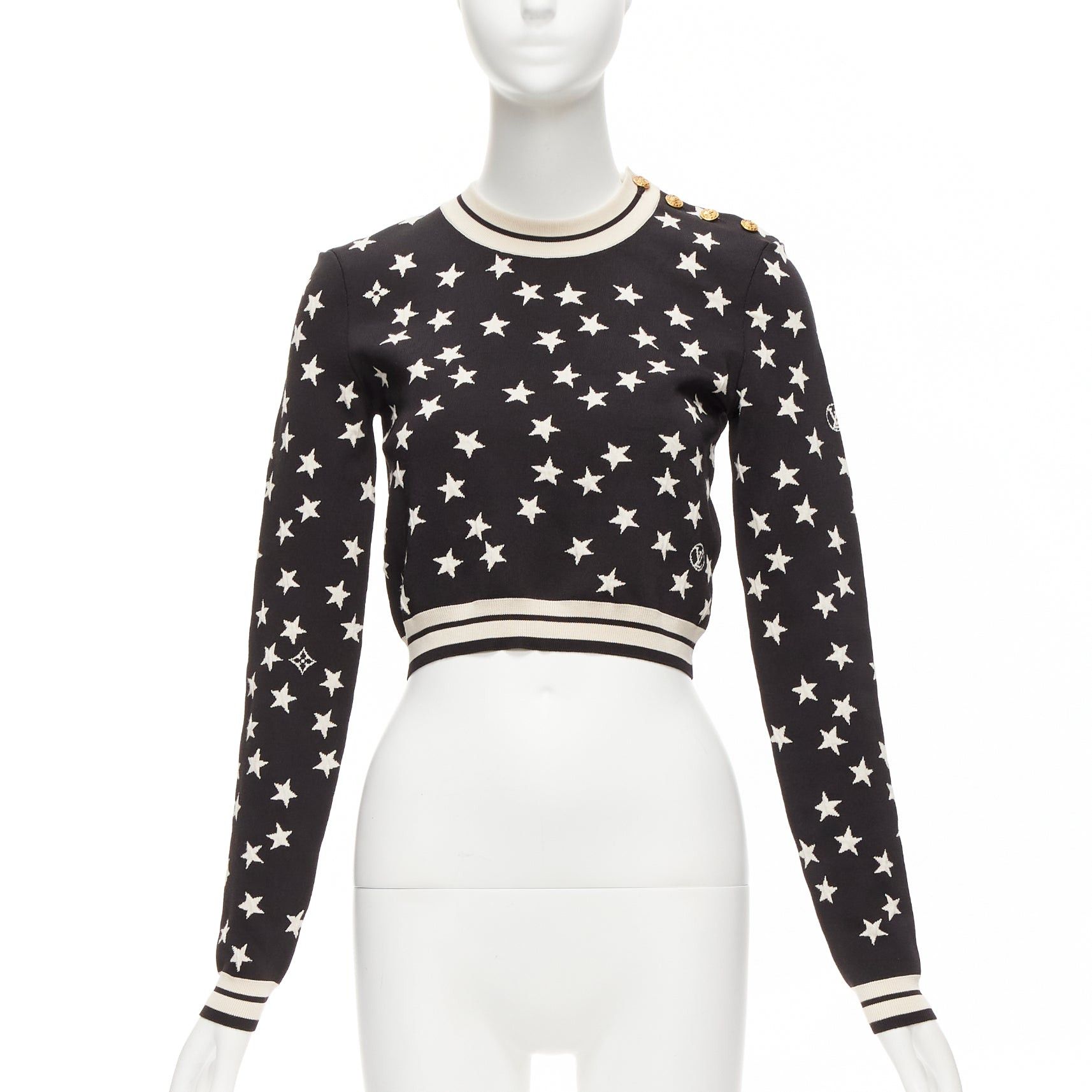 image of Louis Vuitton 2022 Black White Star Lv Logo Silk Blend Crop Sweater S, Women's (Size Small)